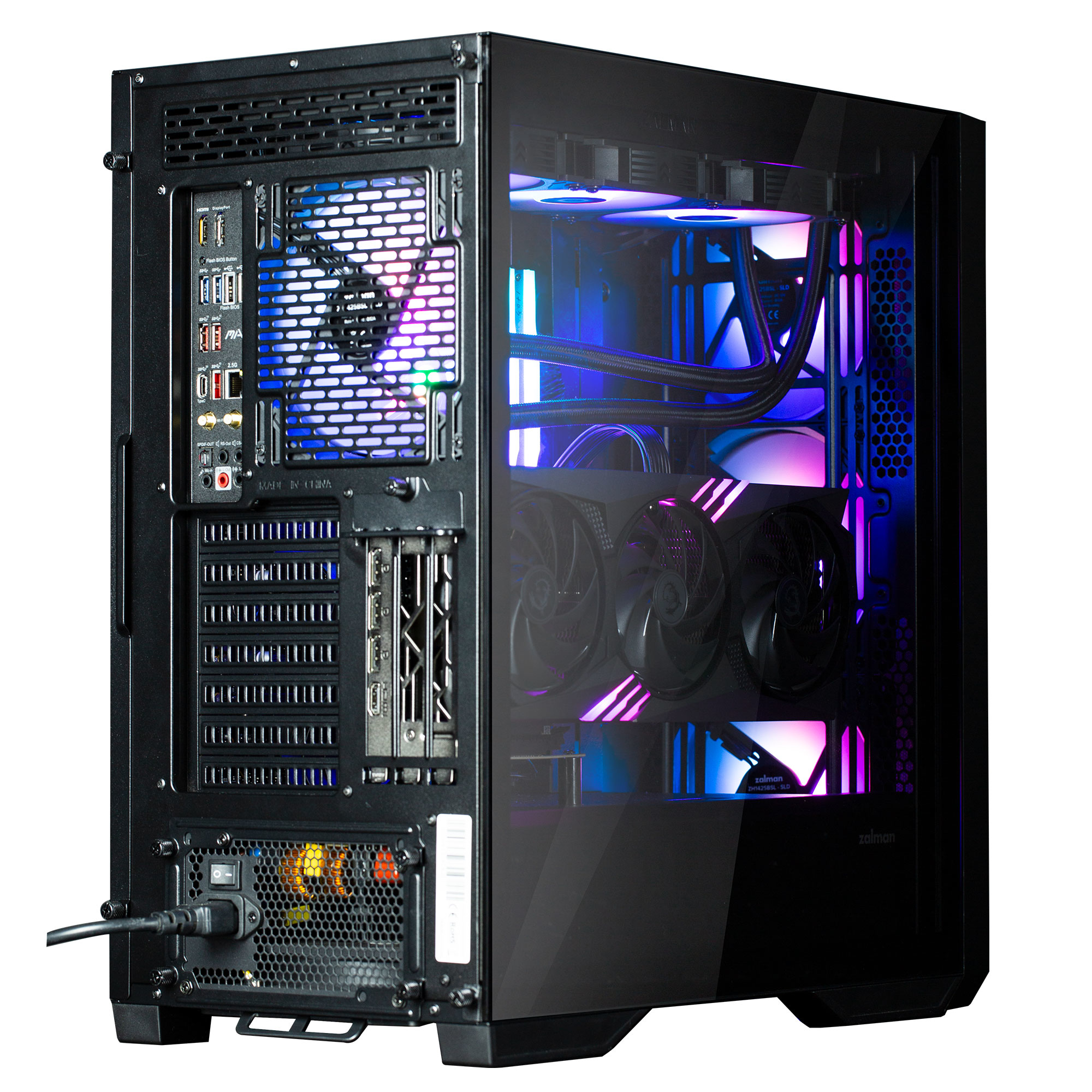 Un boîtier de PC noir avec façade en verre, éclairé par des LED bleues et violettes.