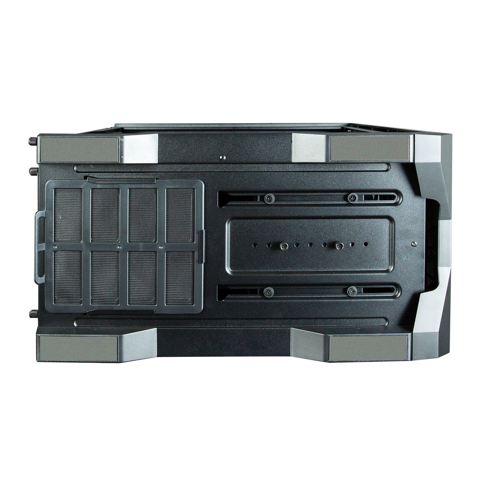 Boîtier d'ordinateur noir avec accents métalliques et grille de ventilateur.
