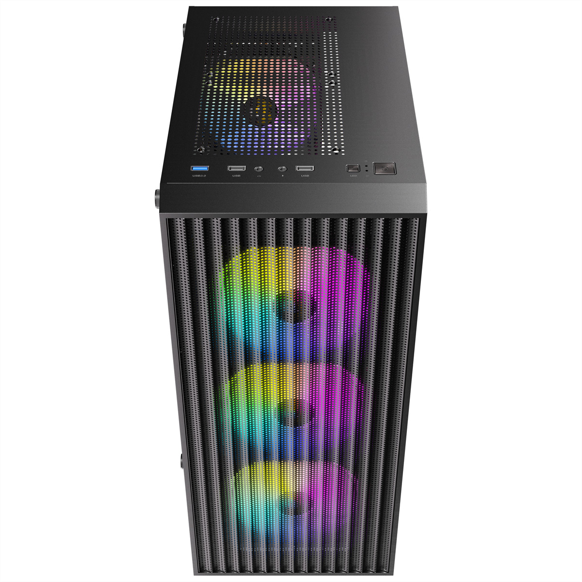 Czarna obudowa komputera z wentylatorami RGB z przodu i na górze.