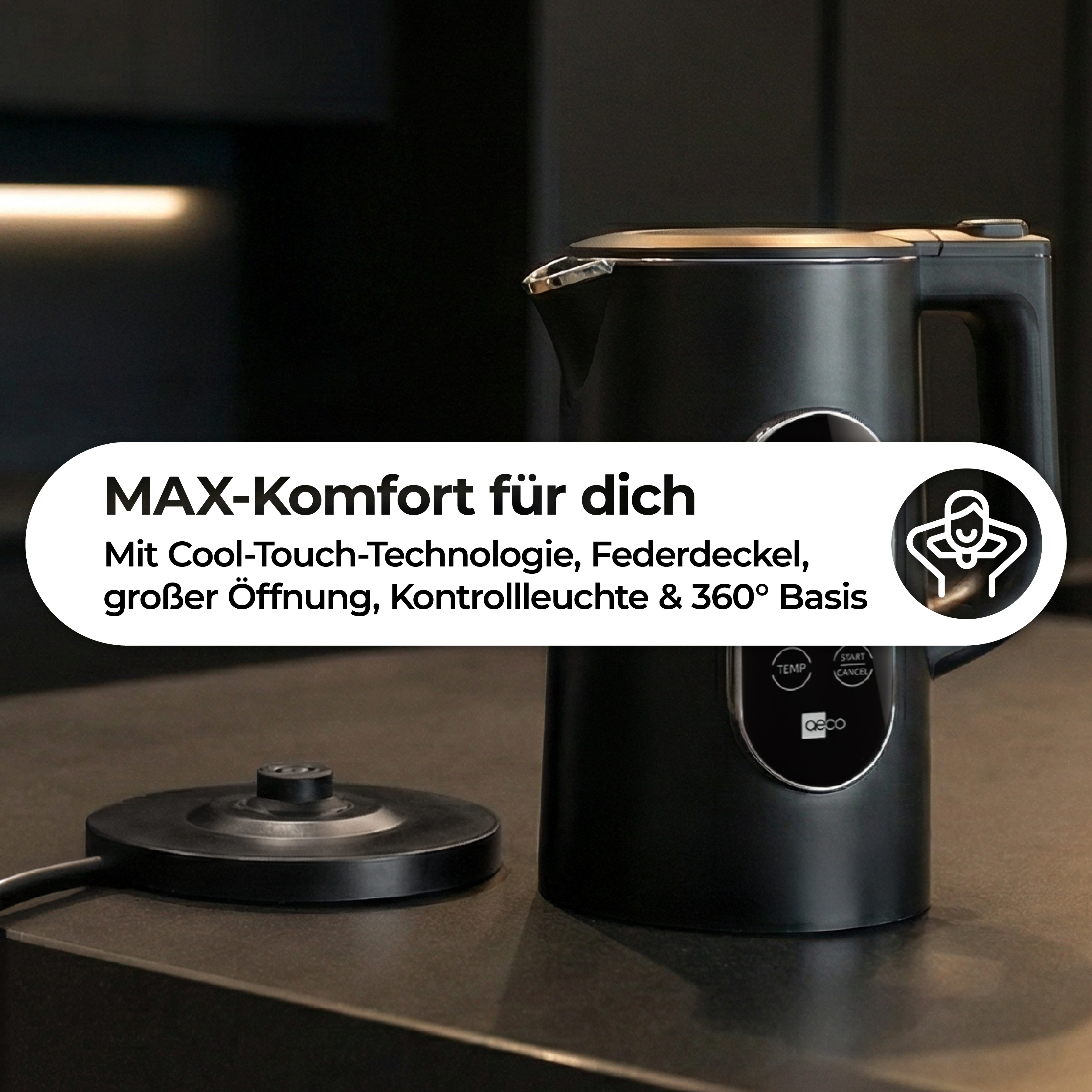 Schwarzer Wasserkocher mit Kühl-Touch-Technologie, Kontrollleuchte.