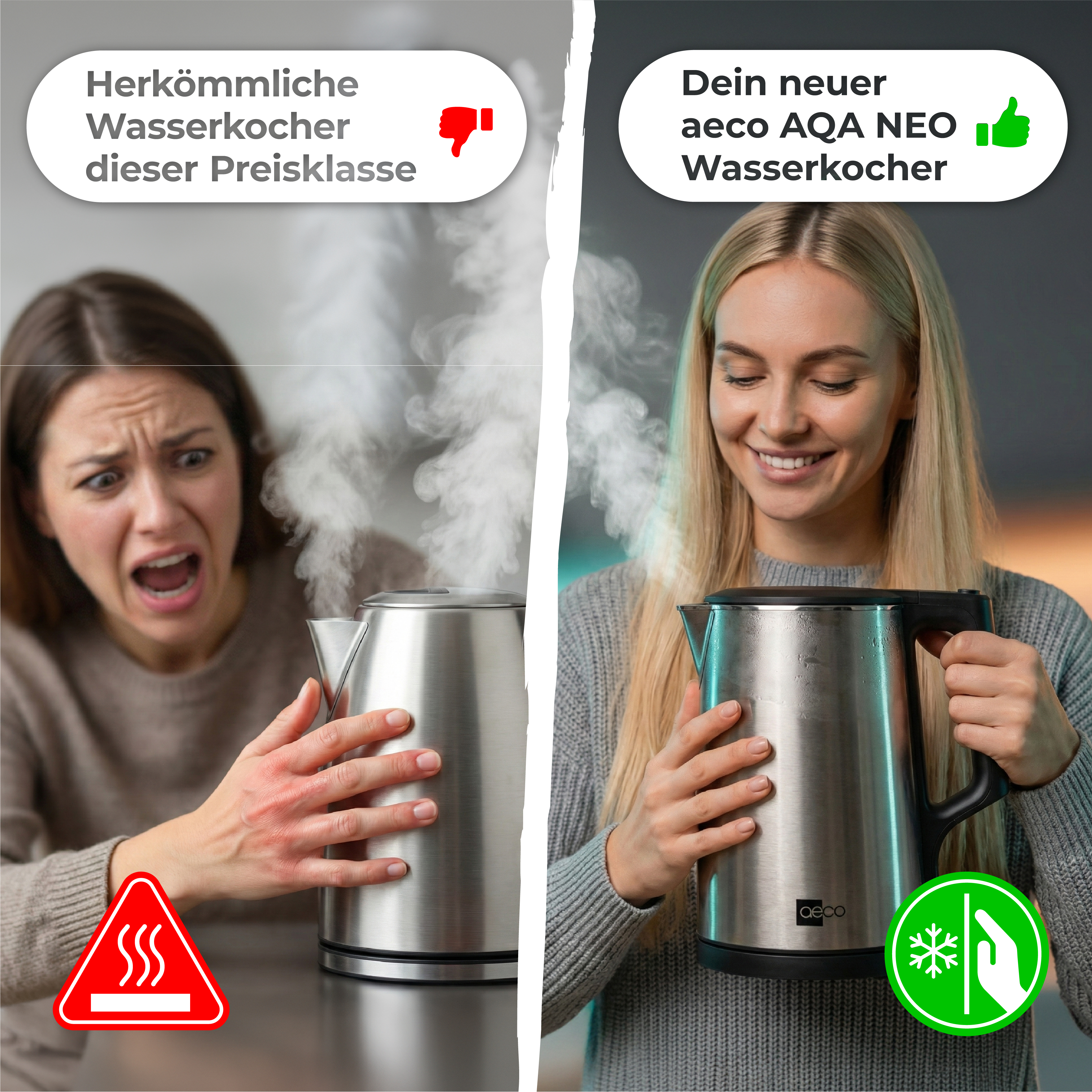 Vergleich von Wasserkochern: Links eine Frau mit roter Hand, rechts eine Frau mit neuem Wasserkocher.