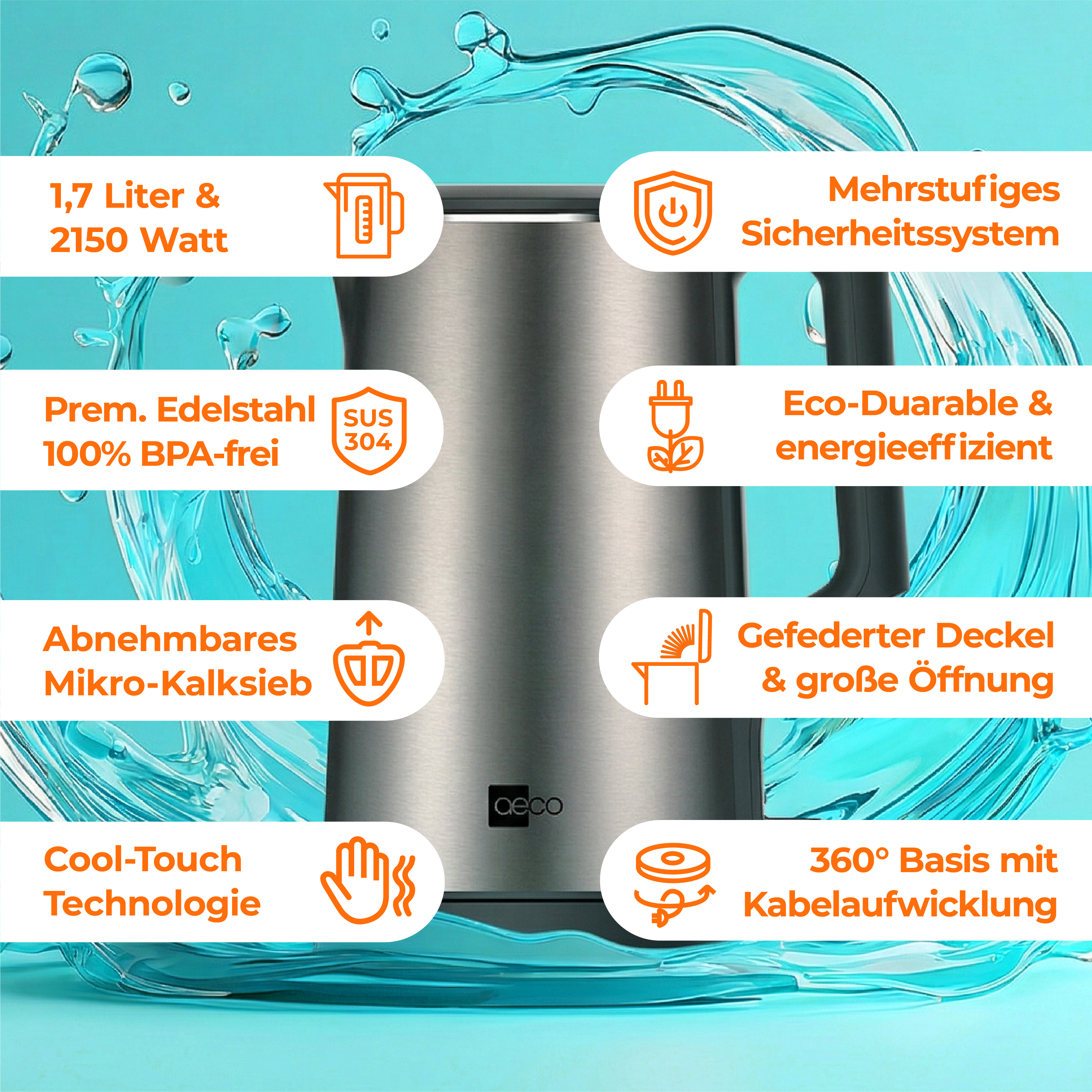 Edelstahlwasserkocher mit 1,7L Kapazität, 2150W Leistung und Sicherheitsmerkmalen.