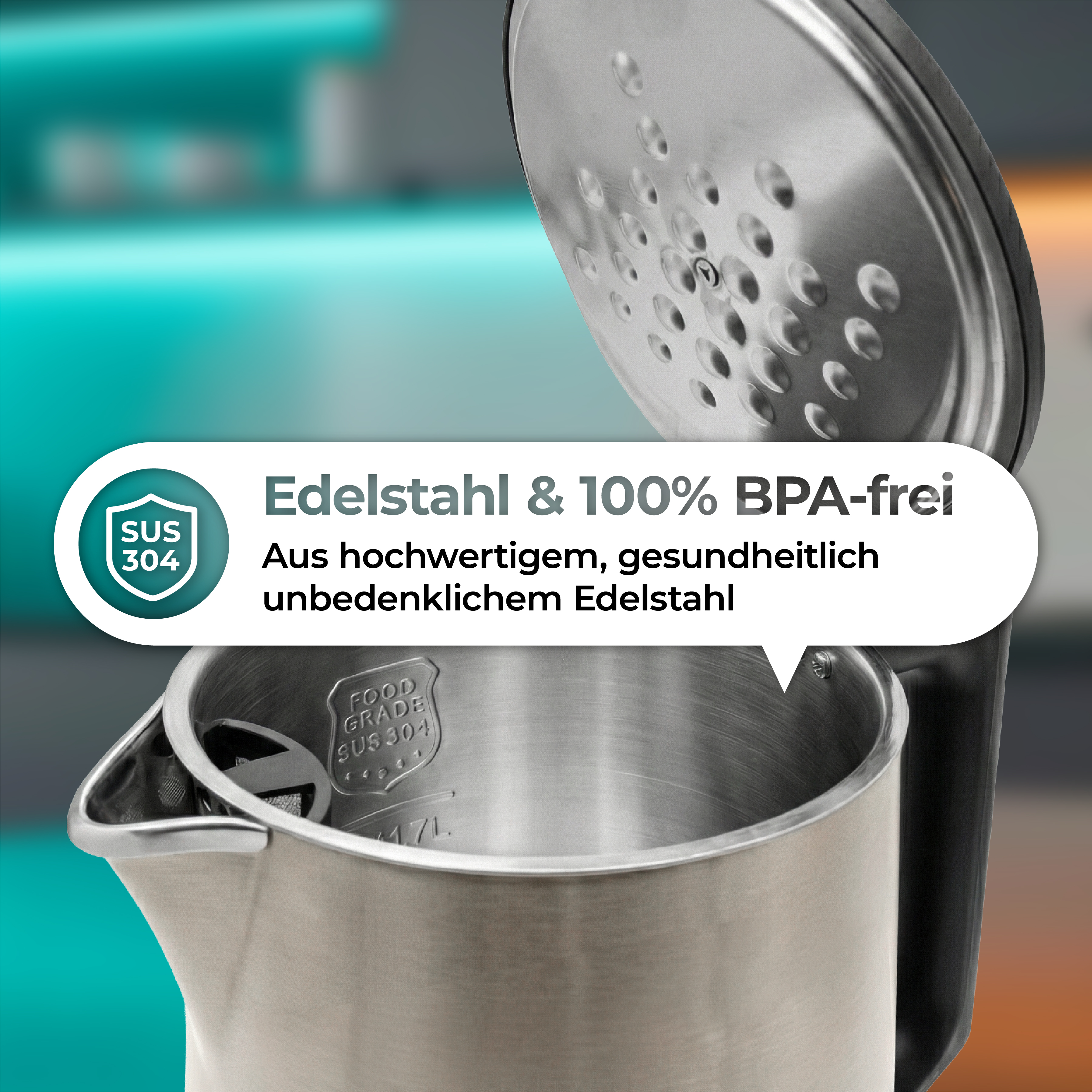 Edelstahl-Wasserkocher mit BPA-freiem Deckel und SUS 304 Kennzeichnung.