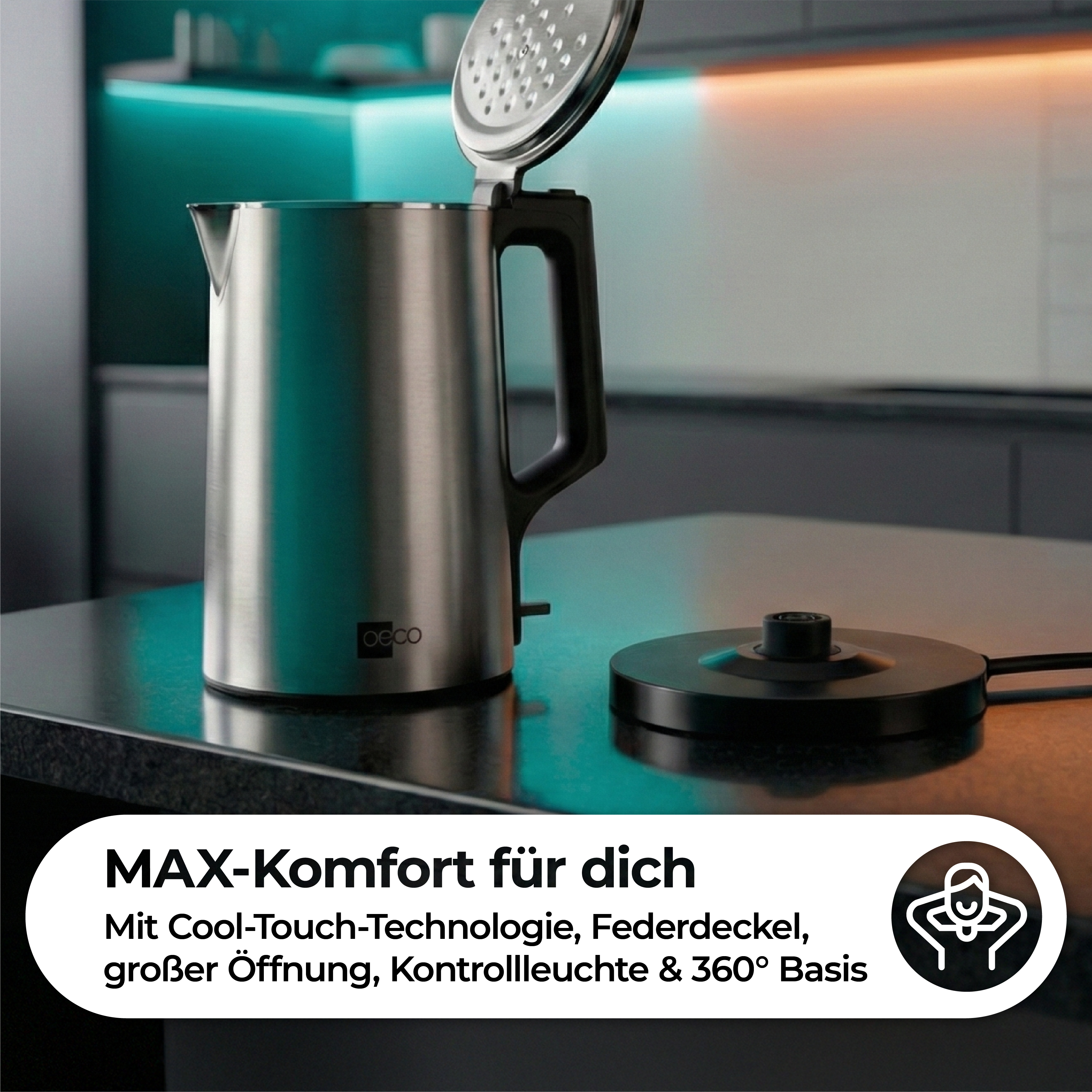 Edelstahl-Wasserkocher mit offenem Deckel auf einer Arbeitsplatte, daneben die Basis.
