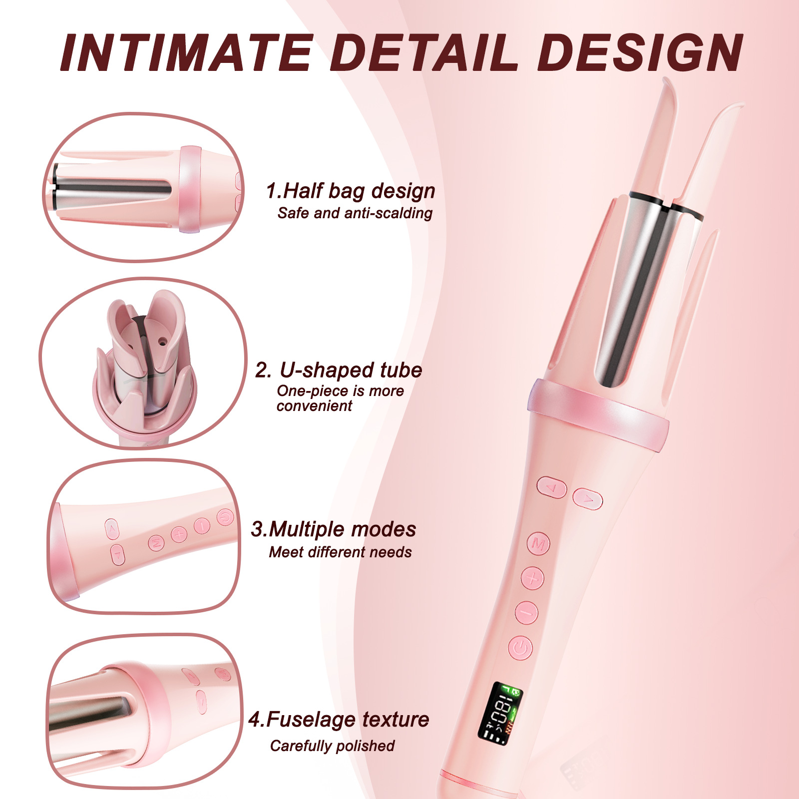 Ein rosa Lockenstab mit vier Detailansichten, die Funktionen zeigen.