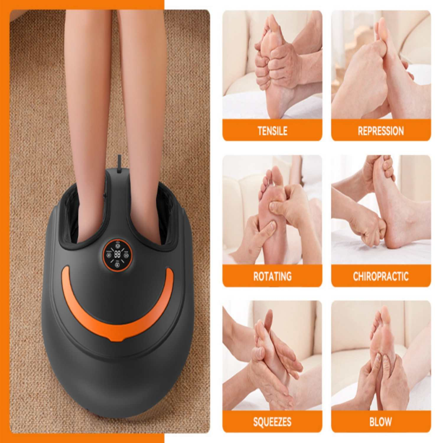 Fußmassagegerät mit Füßen, daneben 6 kleine Bilder von Fußmassagetechniken.