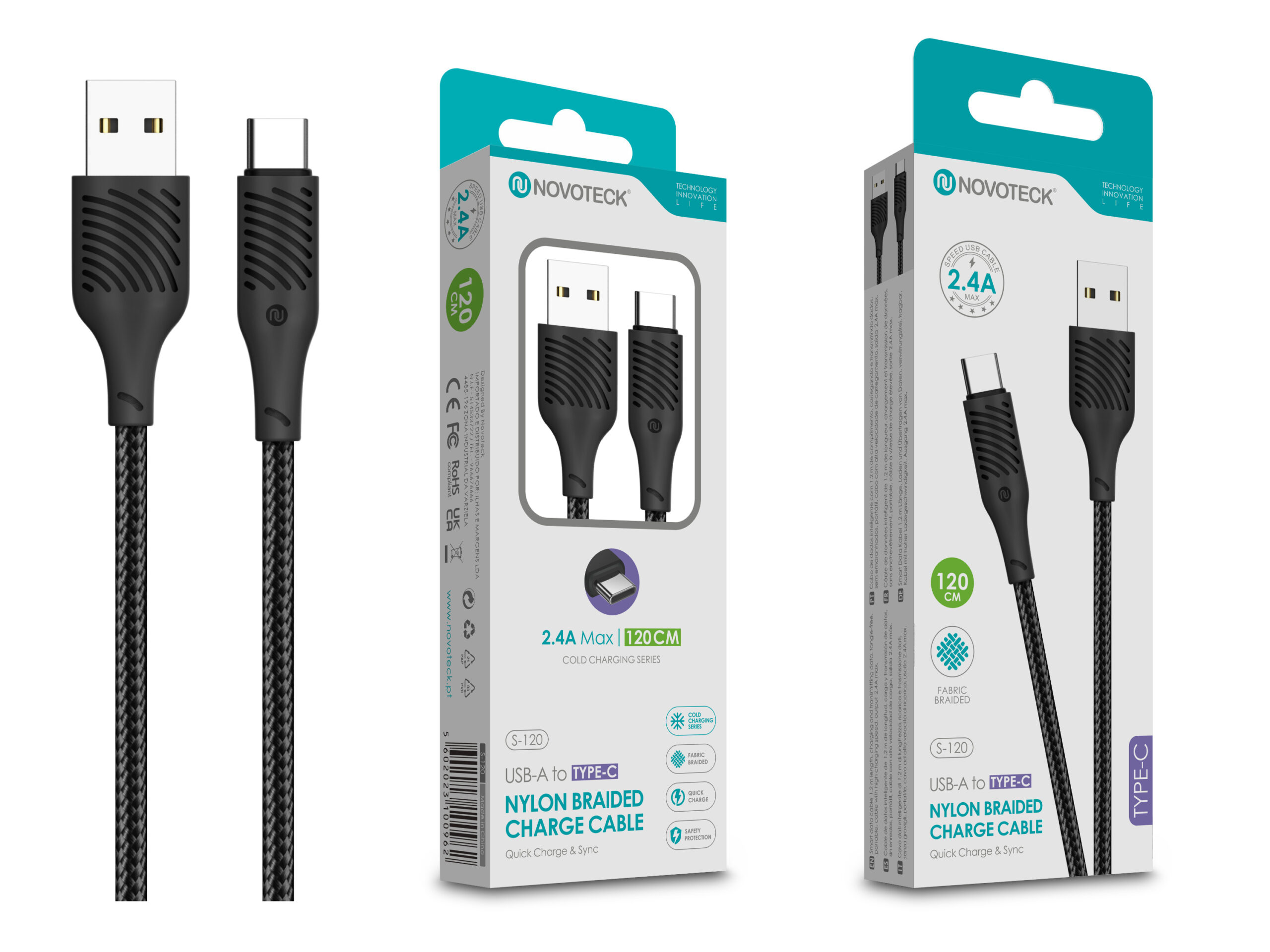 Dos cables de carga trenzados negros USB-A a Tipo-C, 120cm.
