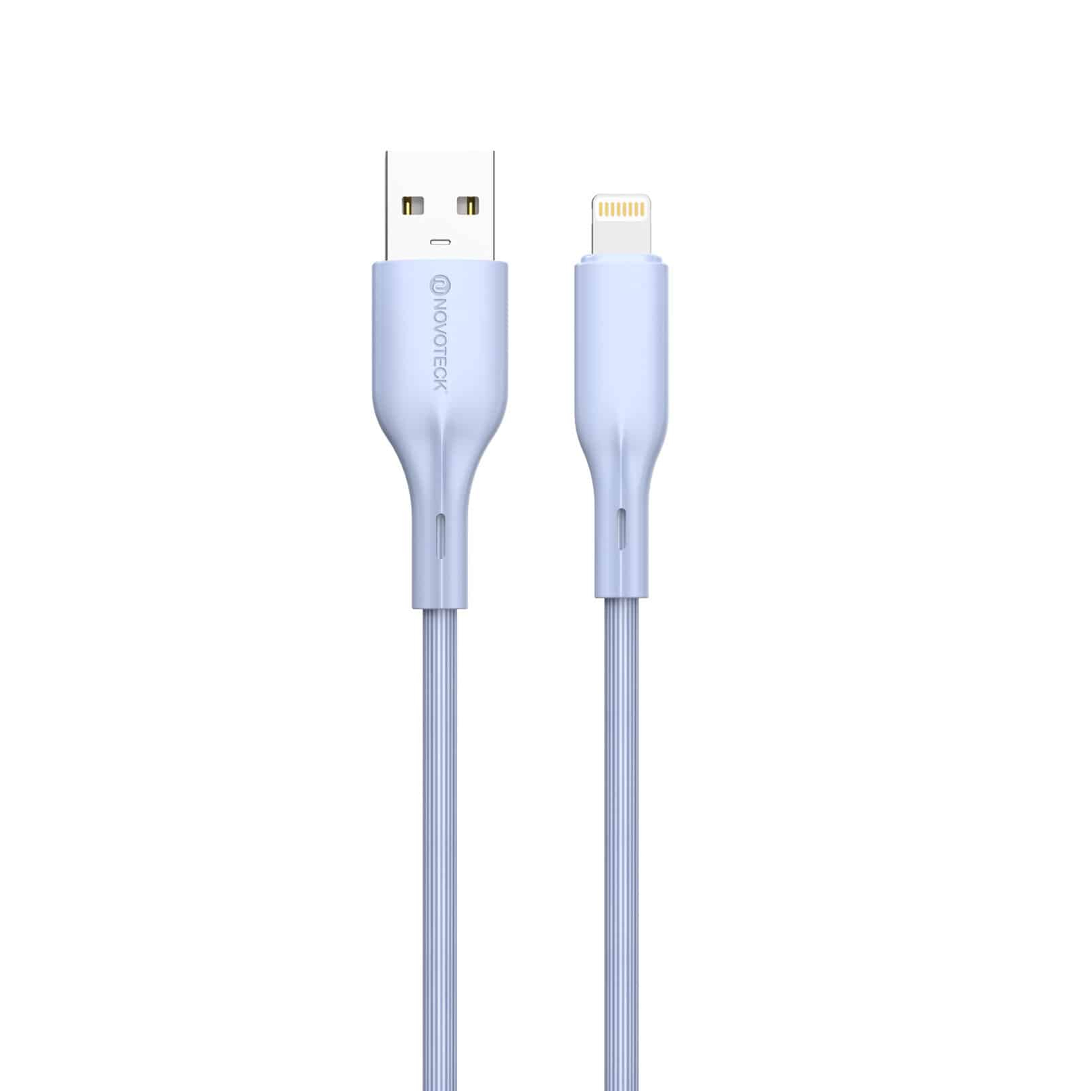 Un cavo da USB a Lightning azzurro con logo Novoteck.