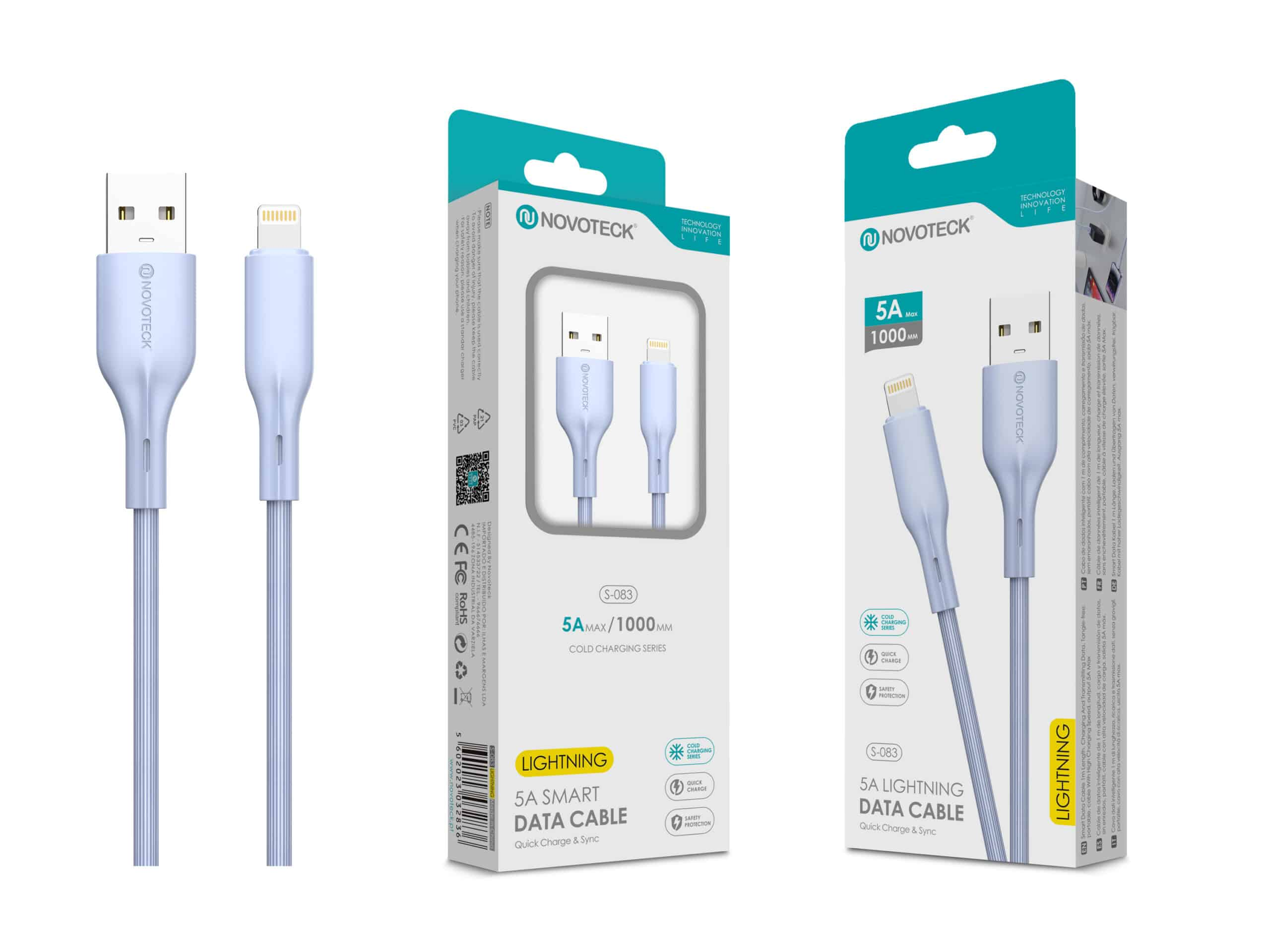 Due cavi dati Novoteck Lightning in colore pastello chiaro, confezionati.