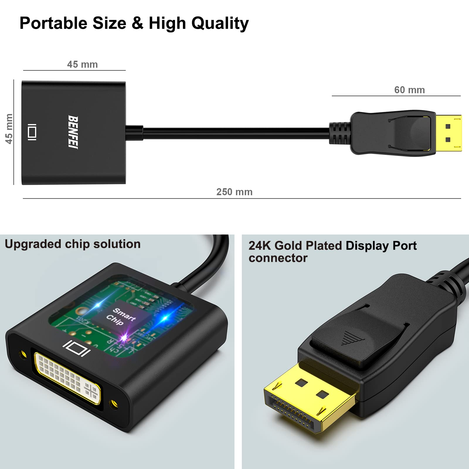Ein schwarzer Adapter von DVI auf DisplayPort mit Abmessungen.
