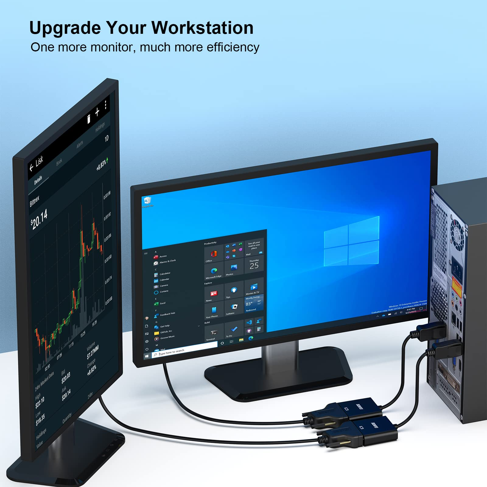 Zwei Monitore, ein PC und Adapter für erweiterte Workstation-Funktionen.
