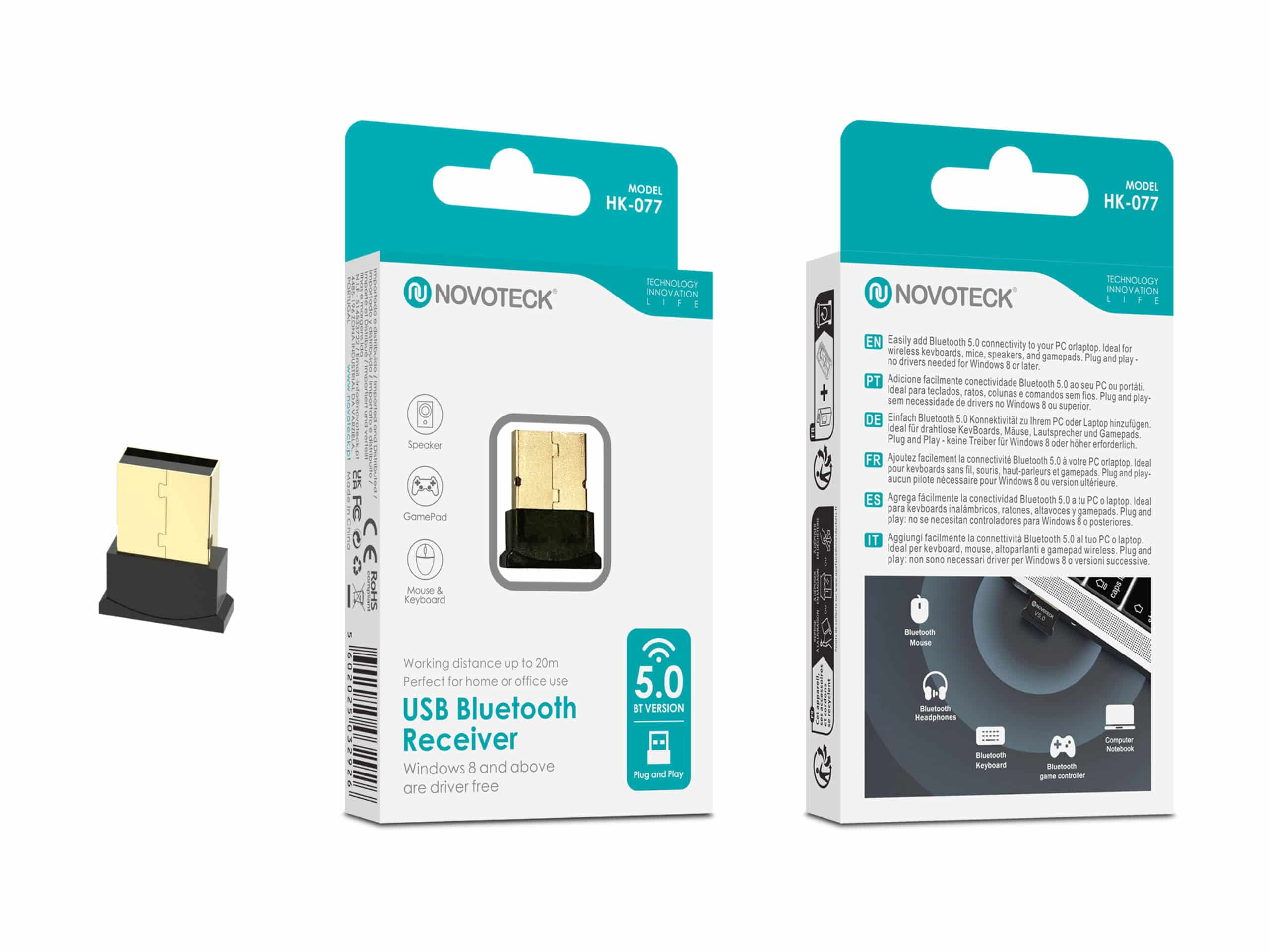 Receptor USB Bluetooth 5.0 Novoteck, modelo HK-077, para PC/portátil.