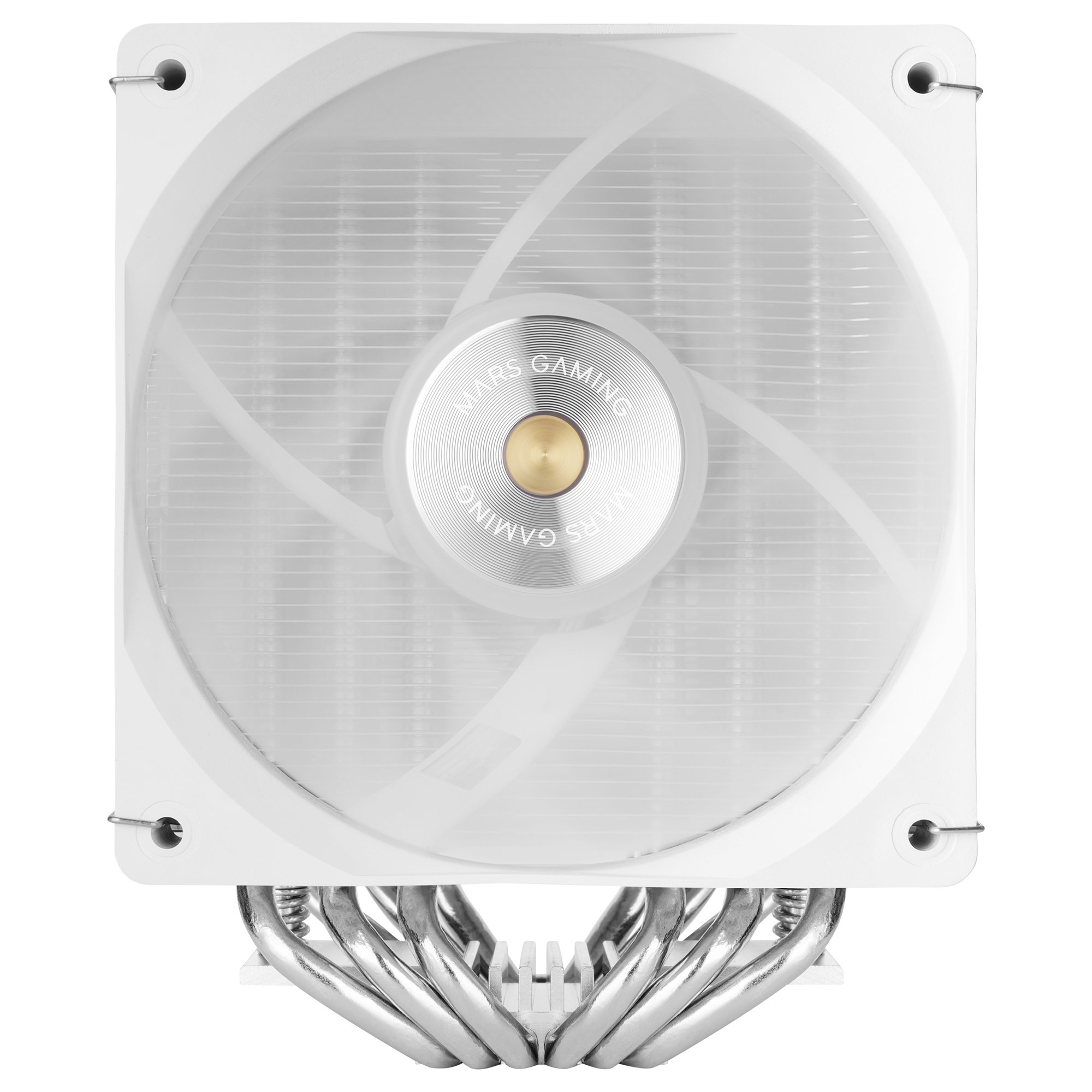 Un enfriador de CPU blanco con heatpipes plateadas y un ventilador.
