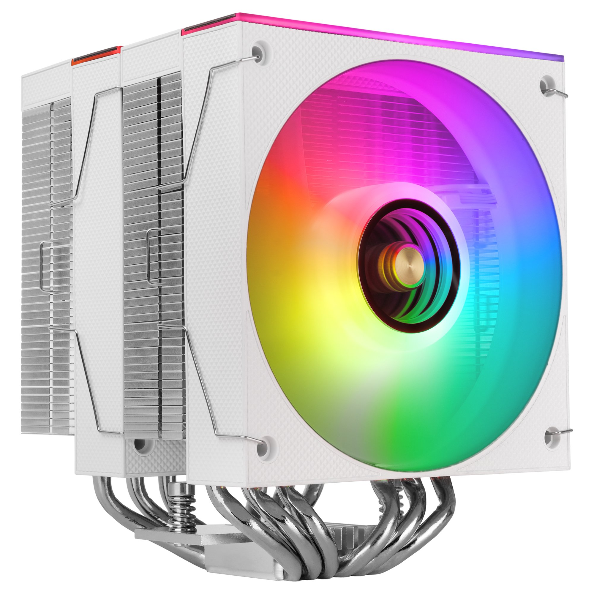 Un enfriador de CPU blanco con ventilador RGB y tubos de calor plateados.