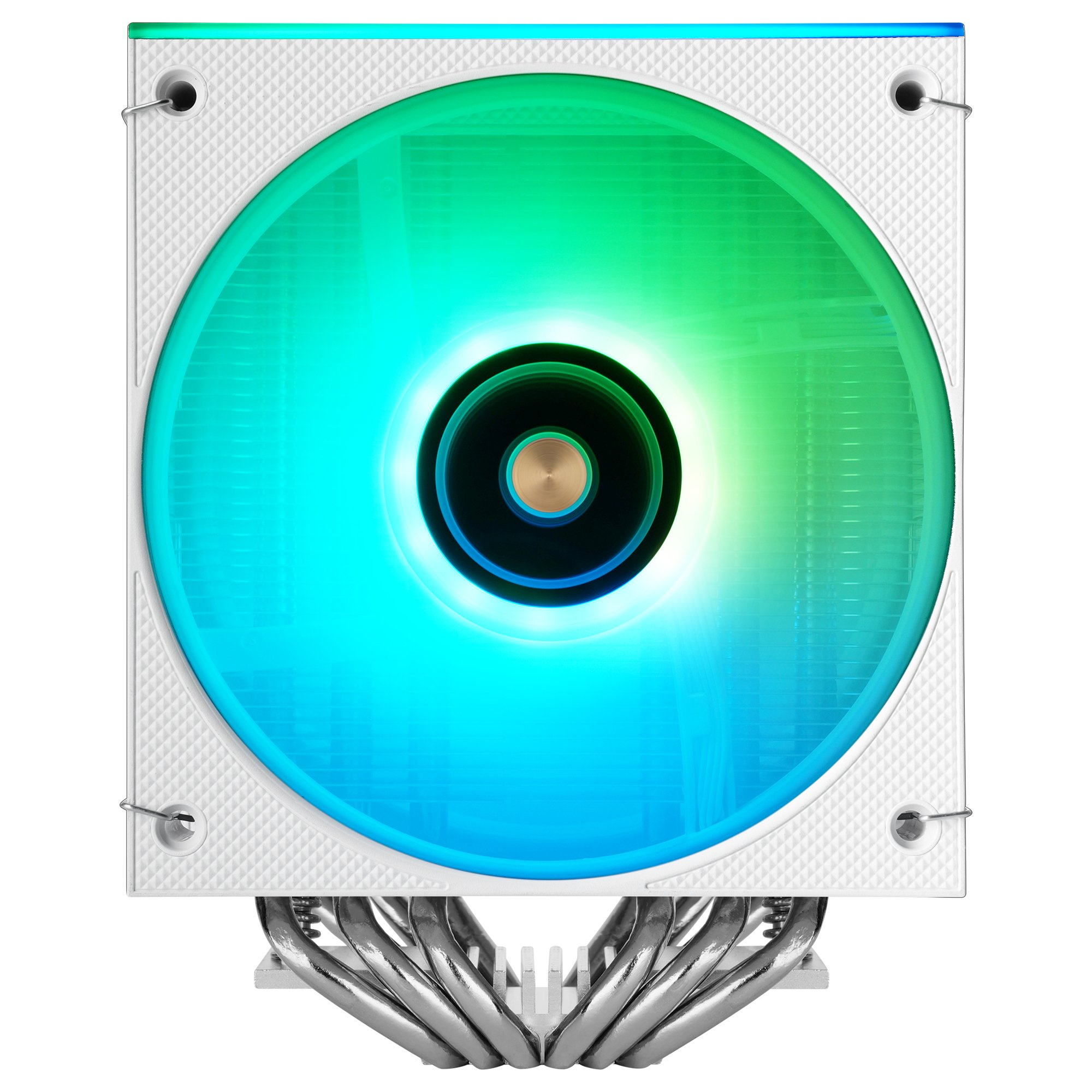 Un disipador de CPU blanco con iluminación RGB, degradado de azul a verde.