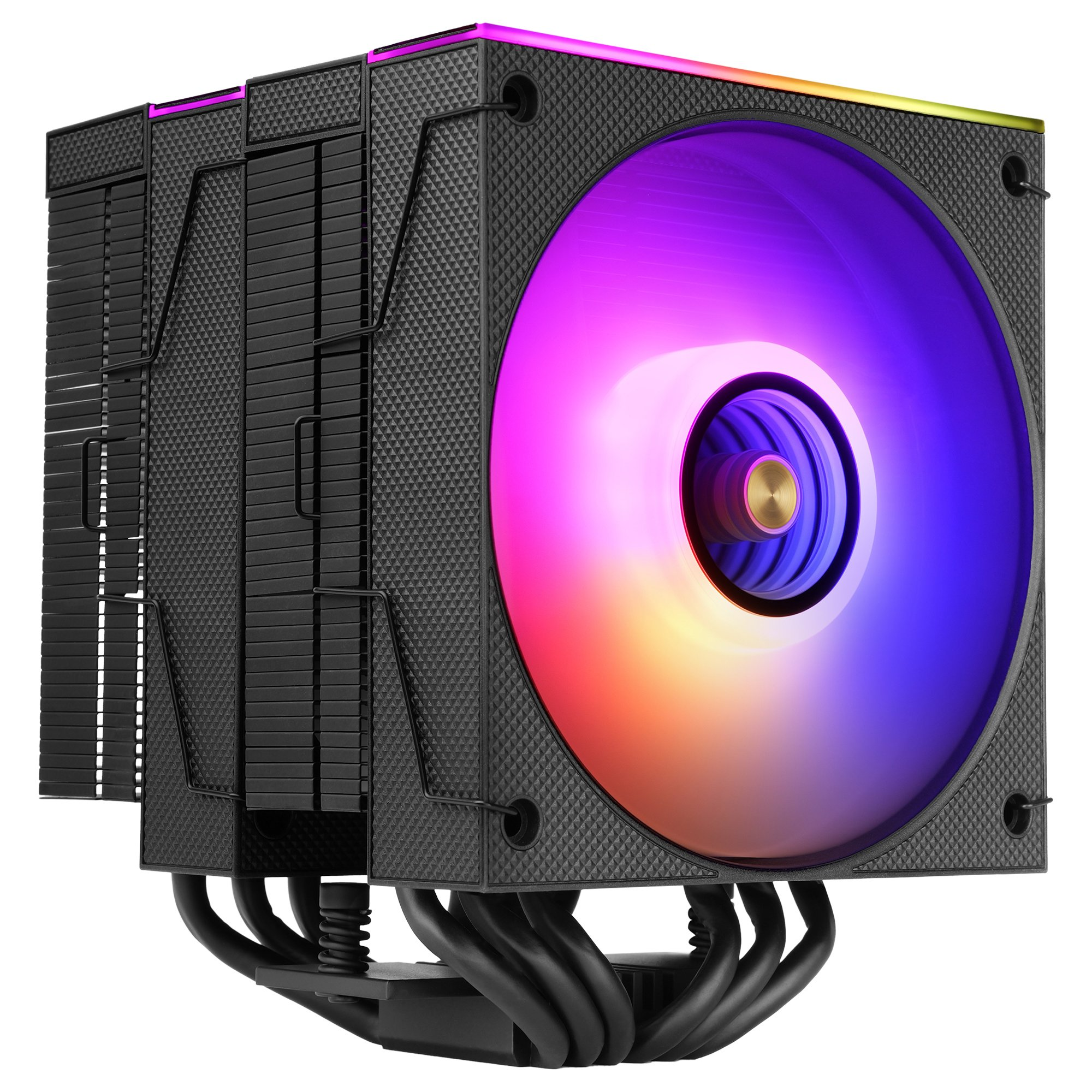 Enfriador de CPU negro con ventilador RGB y aletas múltiples.