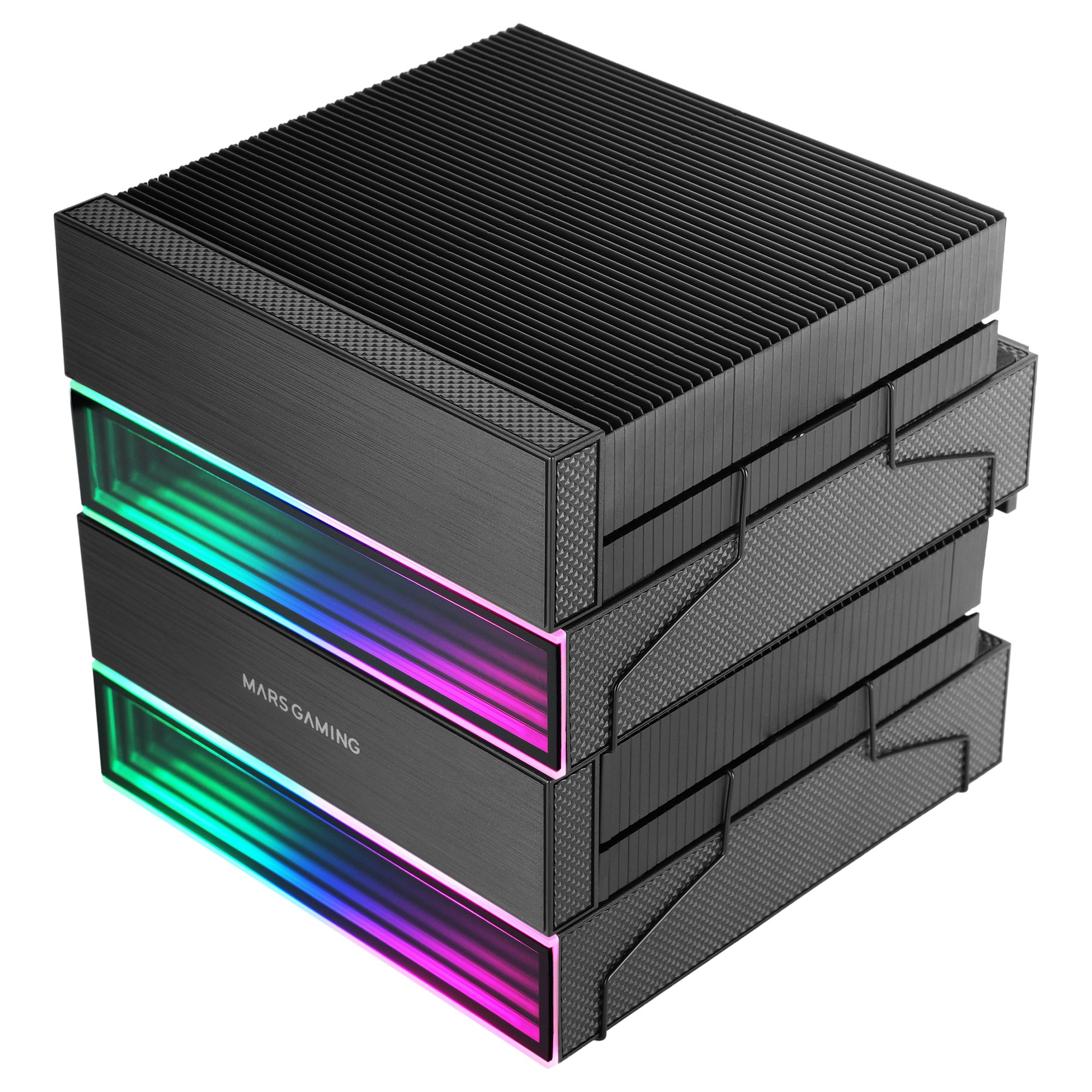 Refrigerador de CPU negro con aletas e iluminación RGB.