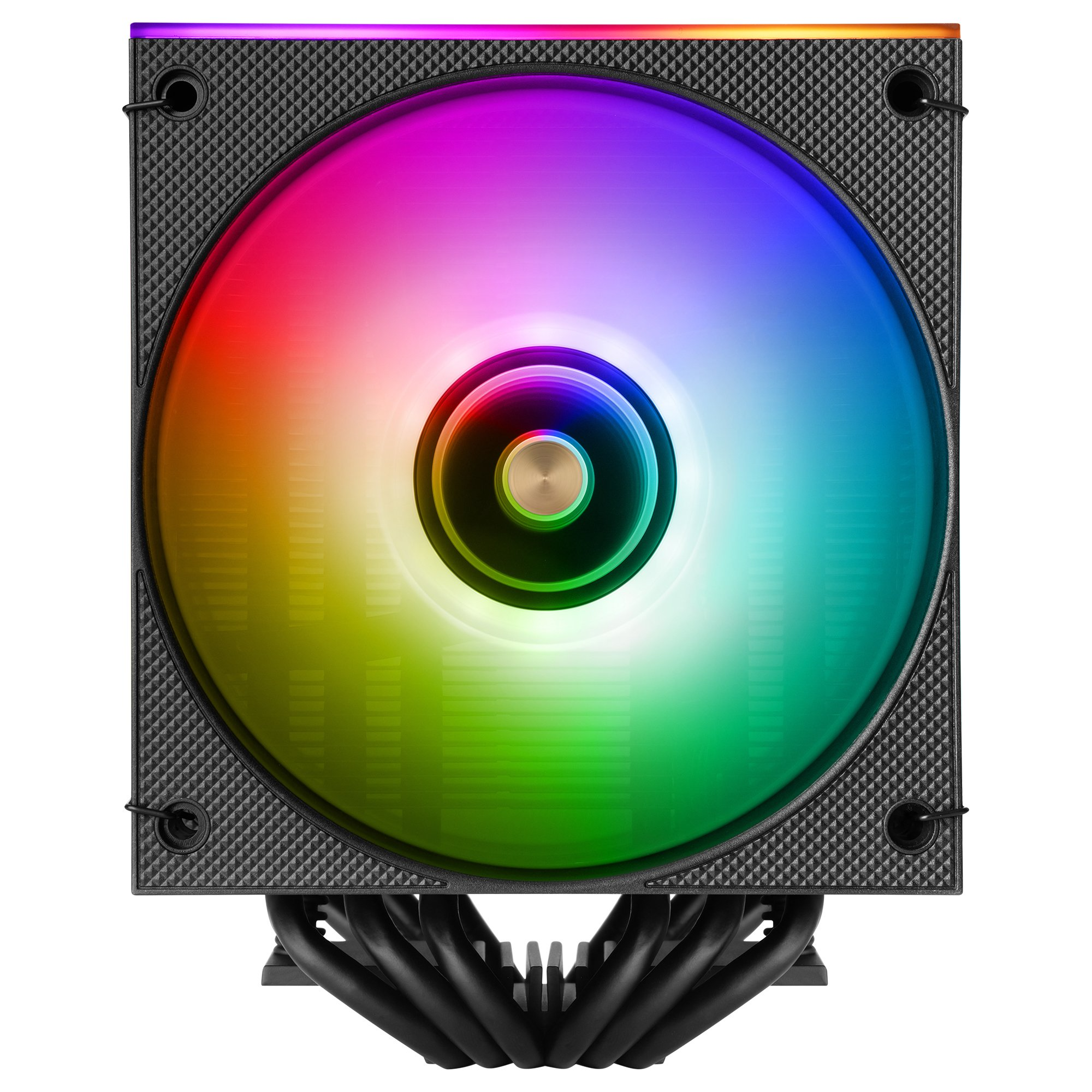 Un enfriador de CPU negro con iluminación RGB, que brilla de rojo a través de amarillo a verde.