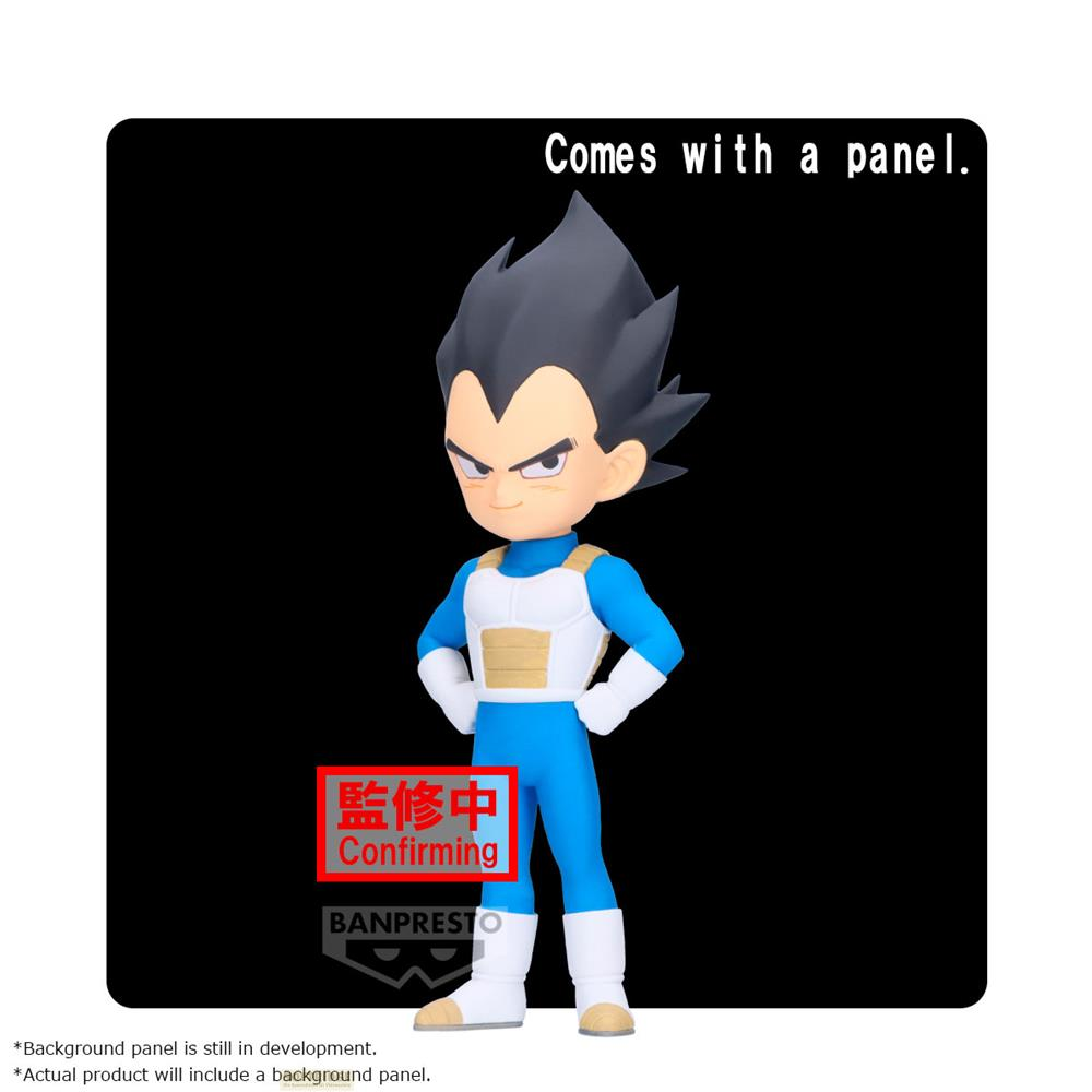 Figura de Vegeta con traje azul y armadura blanca sobre fondo negro.