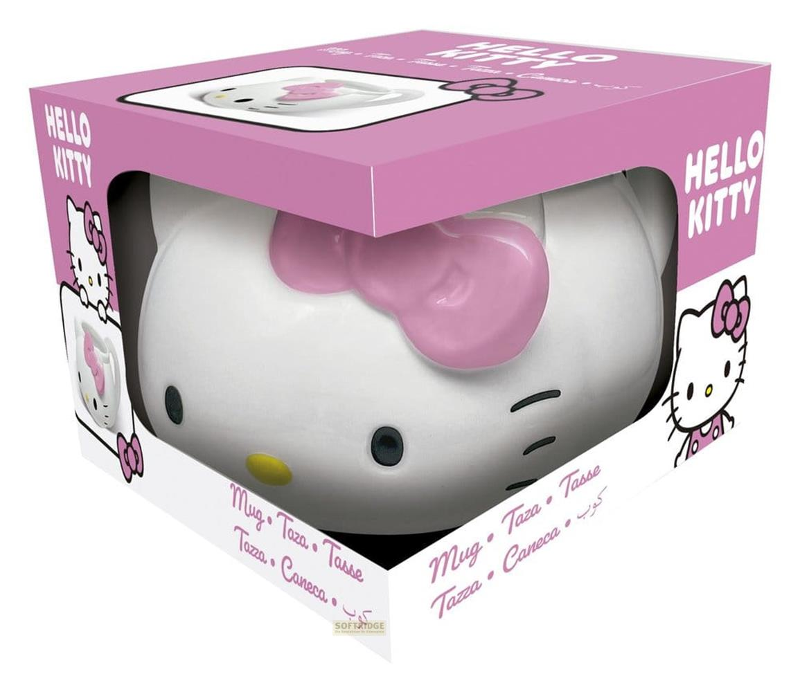 Eine weiße Hello Kitty Tasse mit rosa Schleife, in Verpackung.