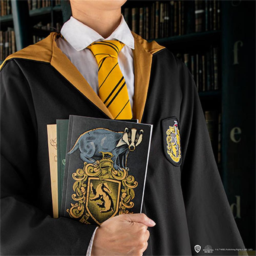 Ein Schüler trägt eine Robe mit gelbem Schal und hält Bücher.