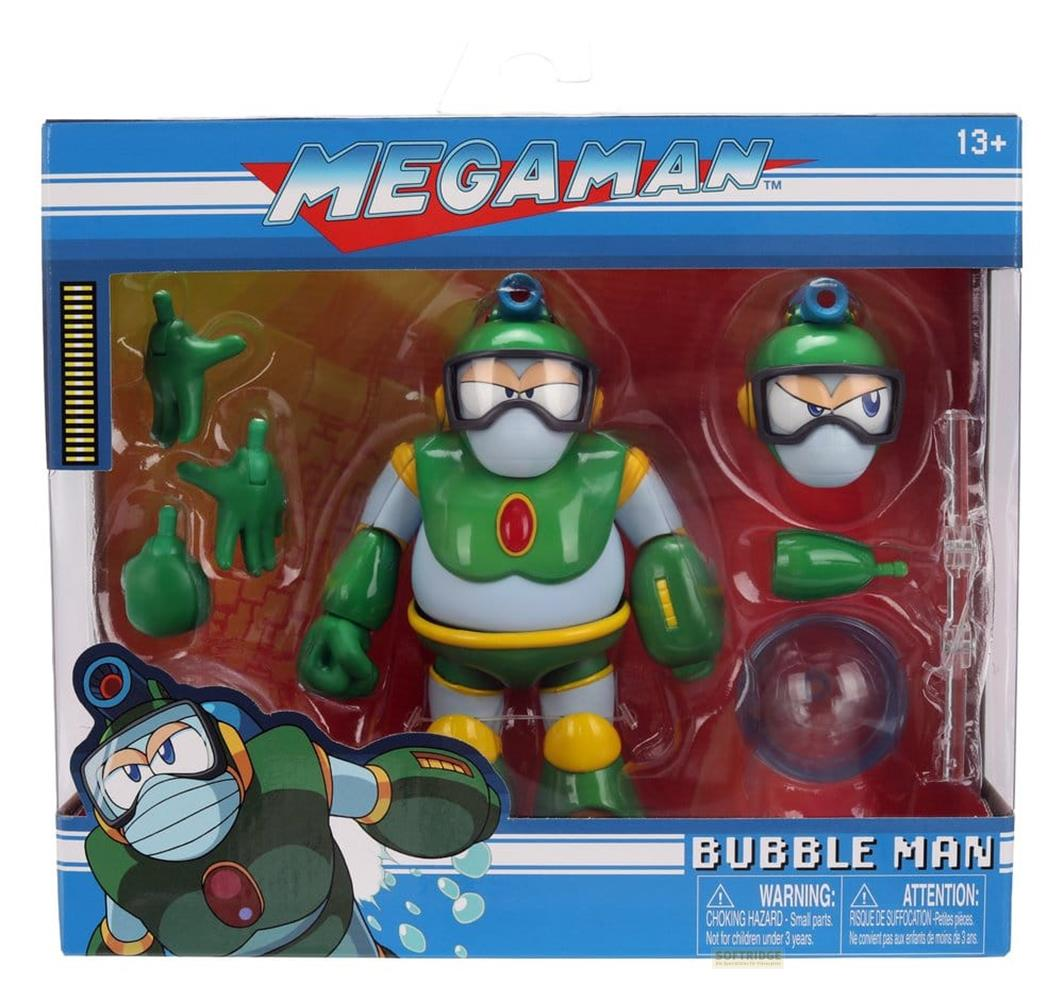 Megaman Bubble Man Actionfigur im Karton mit Zubehör und Wechselhänden.