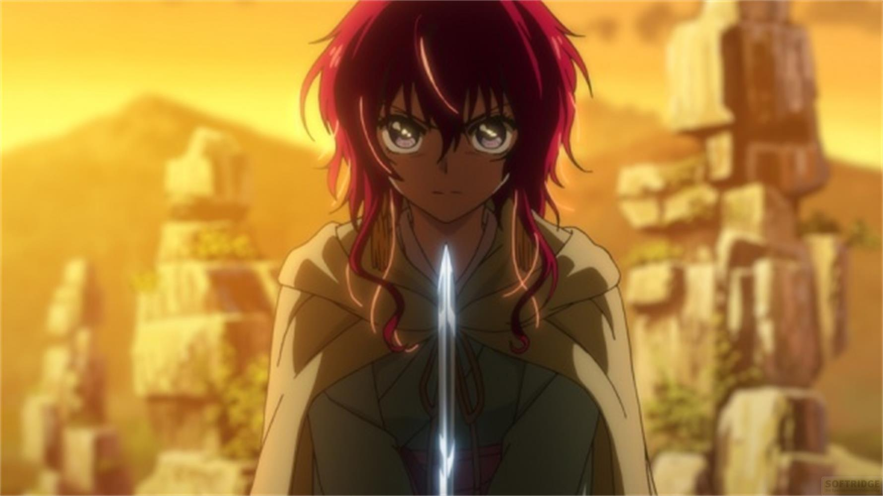 Un personaggio anime con i capelli rossi tiene una spada davanti a delle rovine al tramonto.