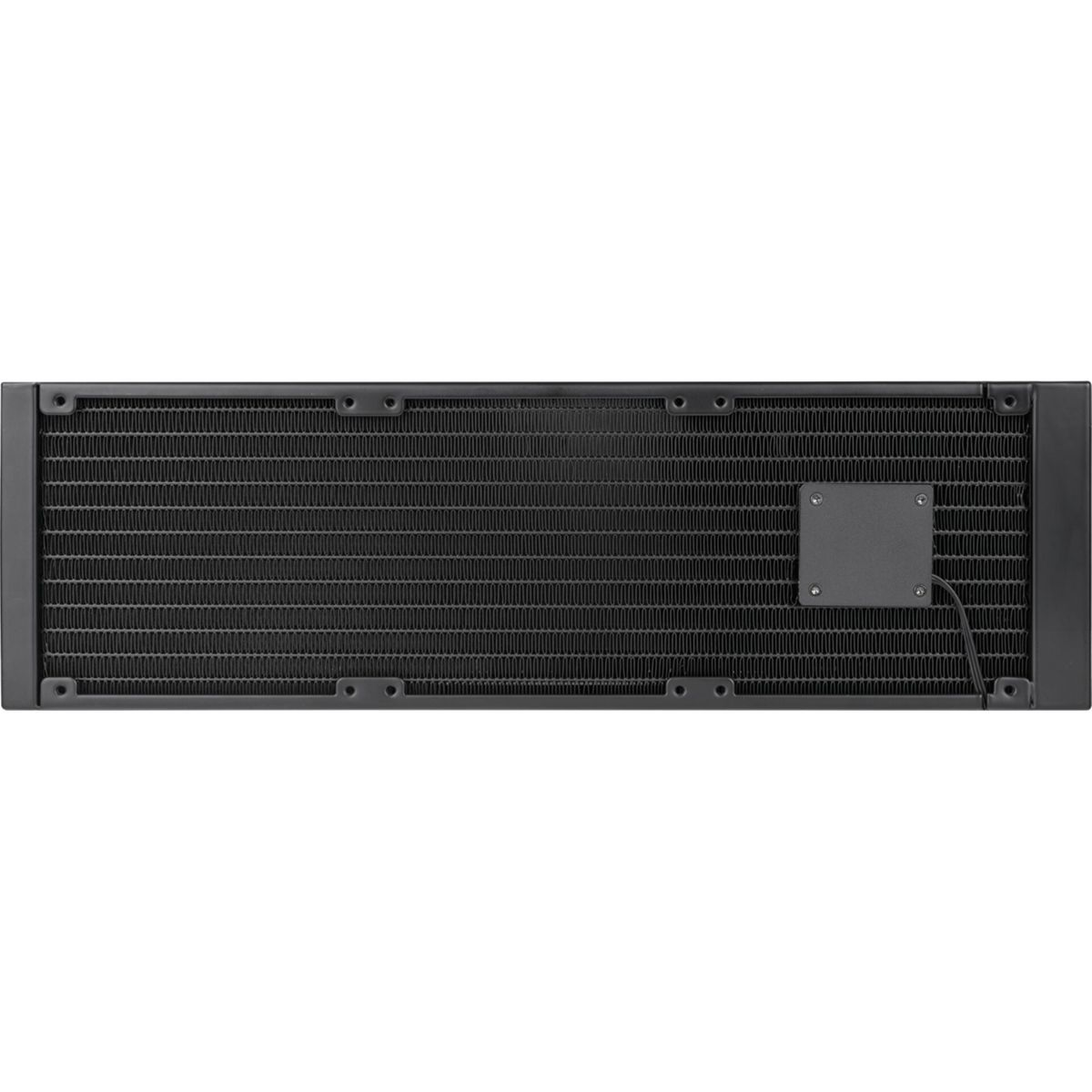 Schwarzer PC-Radiator mit Lüfteranschluss und Kabel.