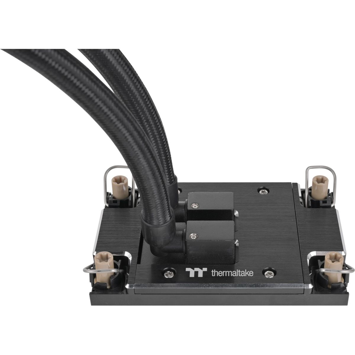 Schwarzes Thermaltake Wasserkühlungsteil mit zwei Schläuchen und Befestigungsclips.