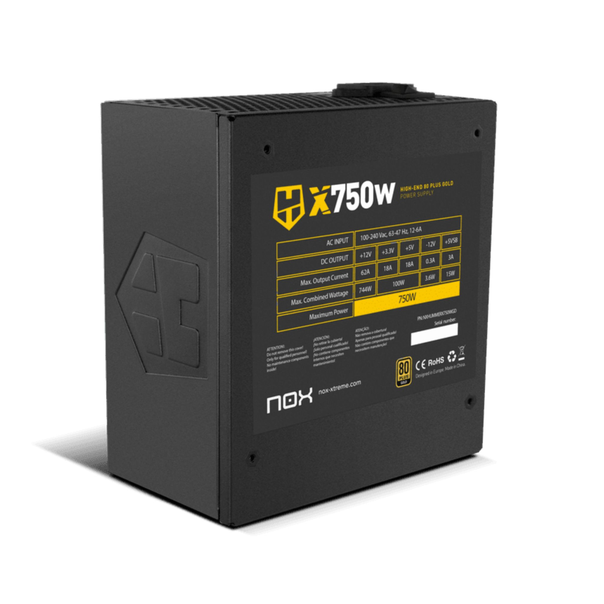 Alimentatore nero con etichette "X750W" e "80 PLUS GOLD".