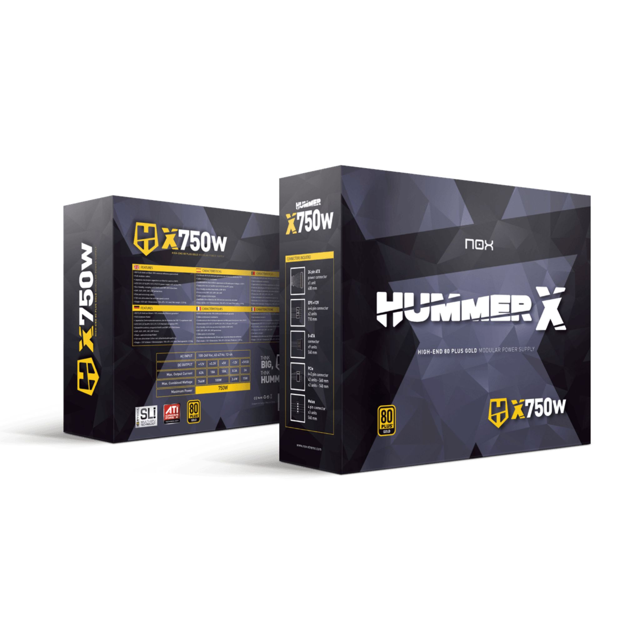 Due scatole per un alimentatore da 750W con logo "Hummer X".