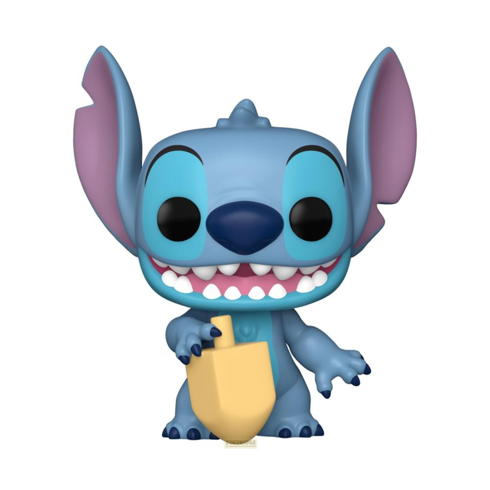 Blauer Stitch hält einen gelben Kreisel, mit offenem Mund und breitem Grinsen.