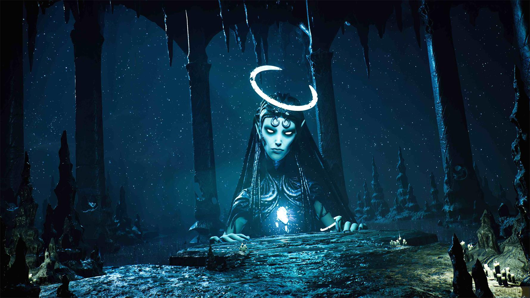 Une figure féminine avec un halo dans une grotte sombre et glacée.