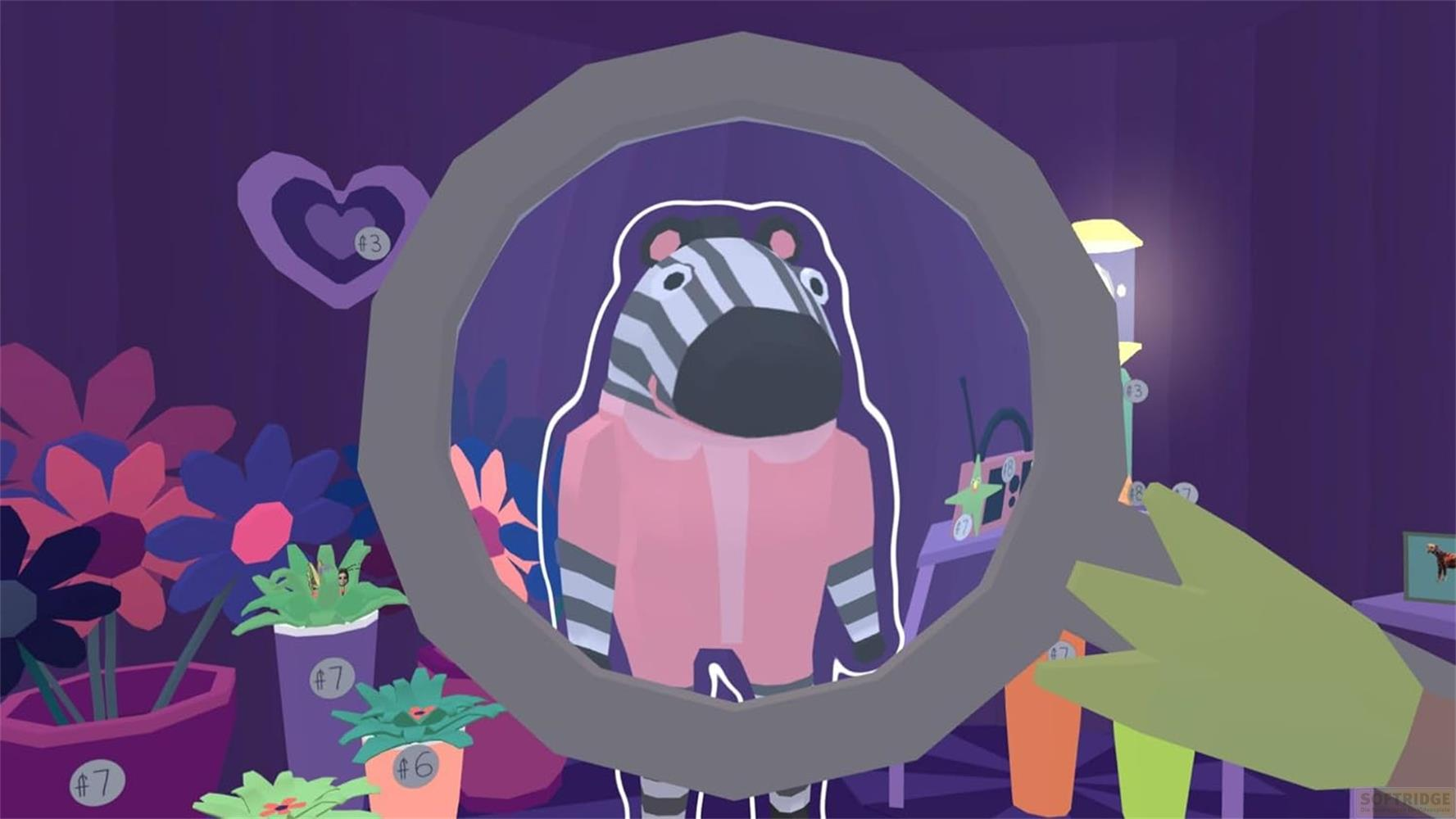 Un personaggio zebra dei cartoni animati in un vestito rosa è visto attraverso una lente d'ingrandimento.