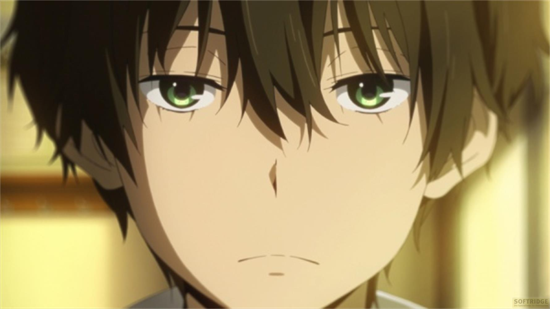 Ragazzo anime con capelli castani e occhi verdi guarda in camera.