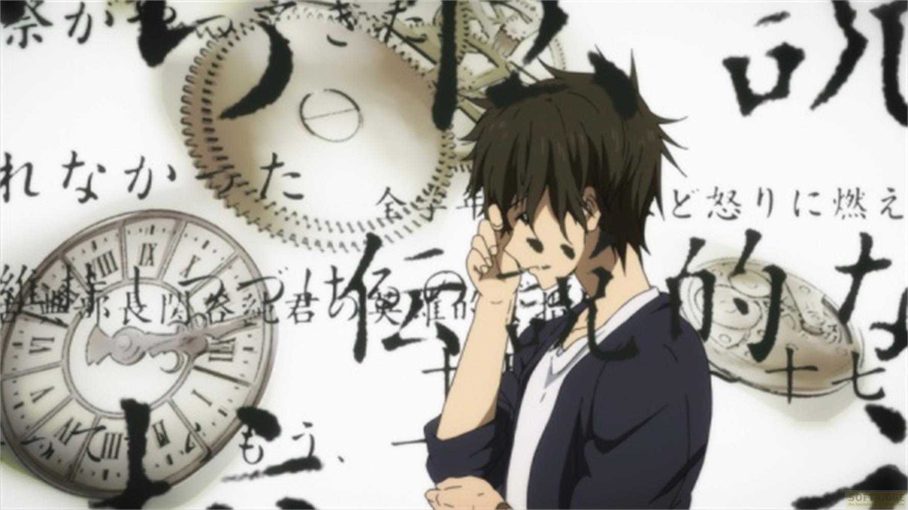 Un ragazzo con i capelli castani piange davanti a calligrafia e orologi.
