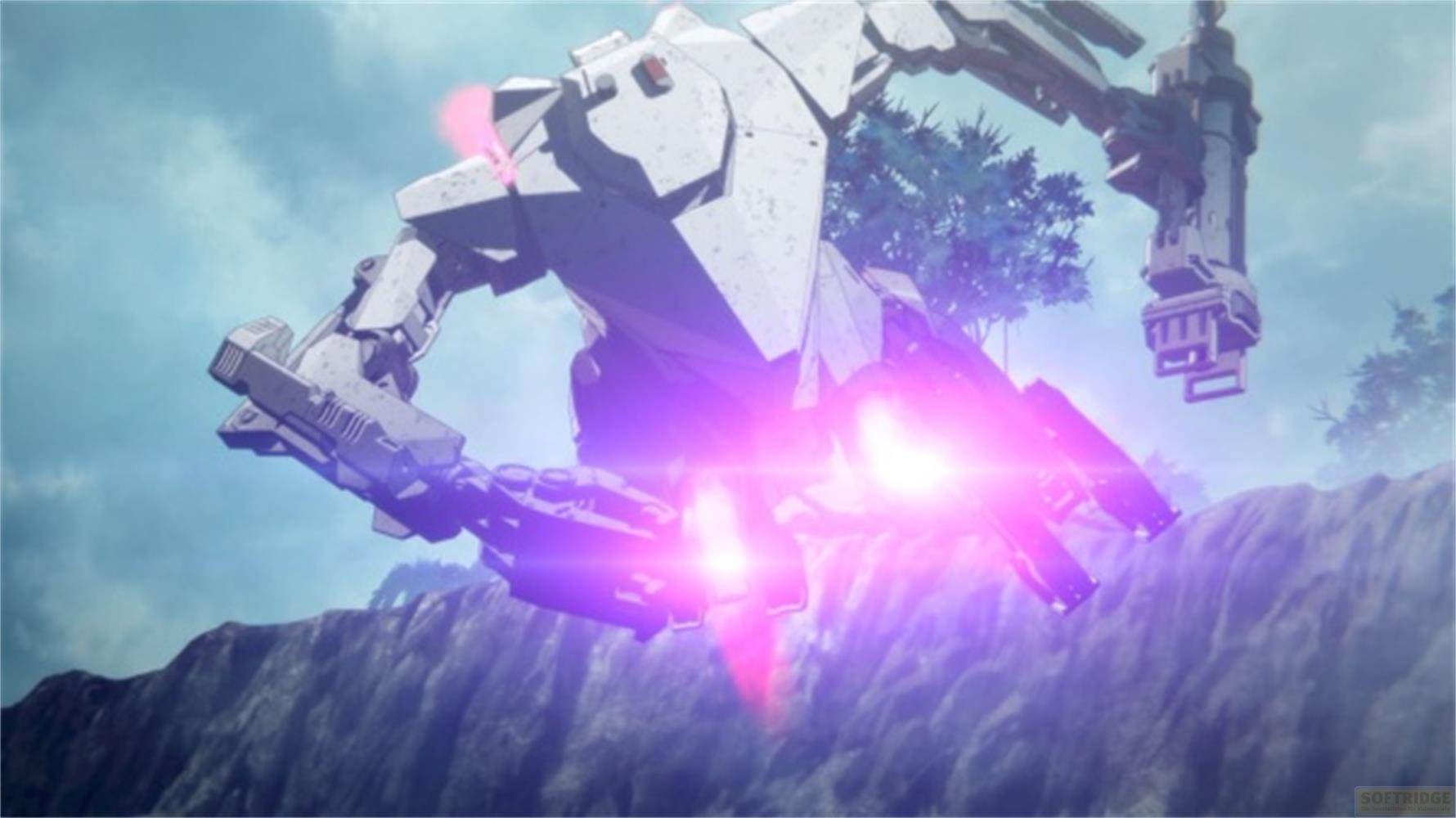 Un mech bianco con fiamme viola dai motori vola su terreno roccioso.