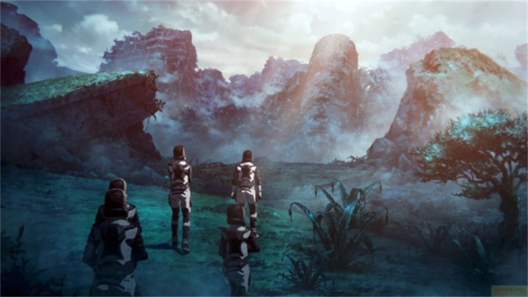 Quattro astronauti in tute bianche camminano in un paesaggio alieno nebbioso con montagne aspre.