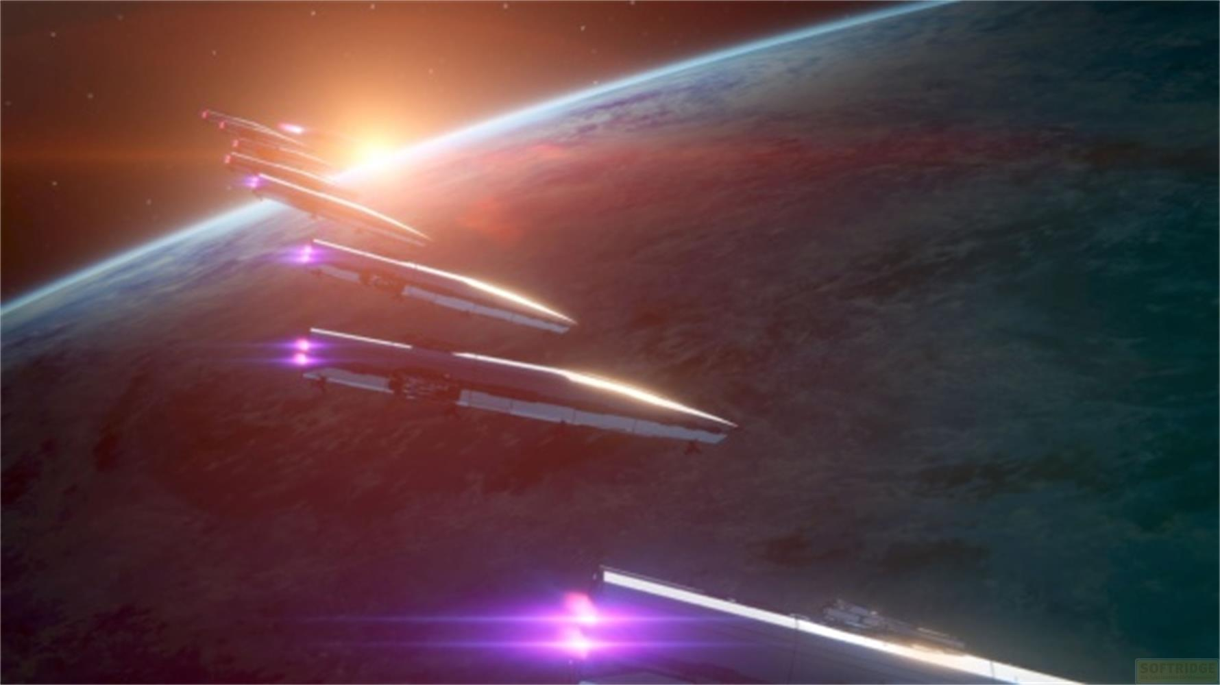 Navi spaziali volano su un pianeta, illuminate da un sole nascente.