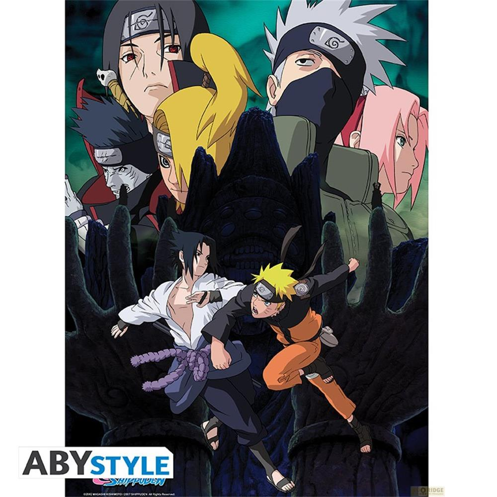 Naruto und Sasuke kämpfen, umgeben von anderen Charakteren und dunklen Strukturen.