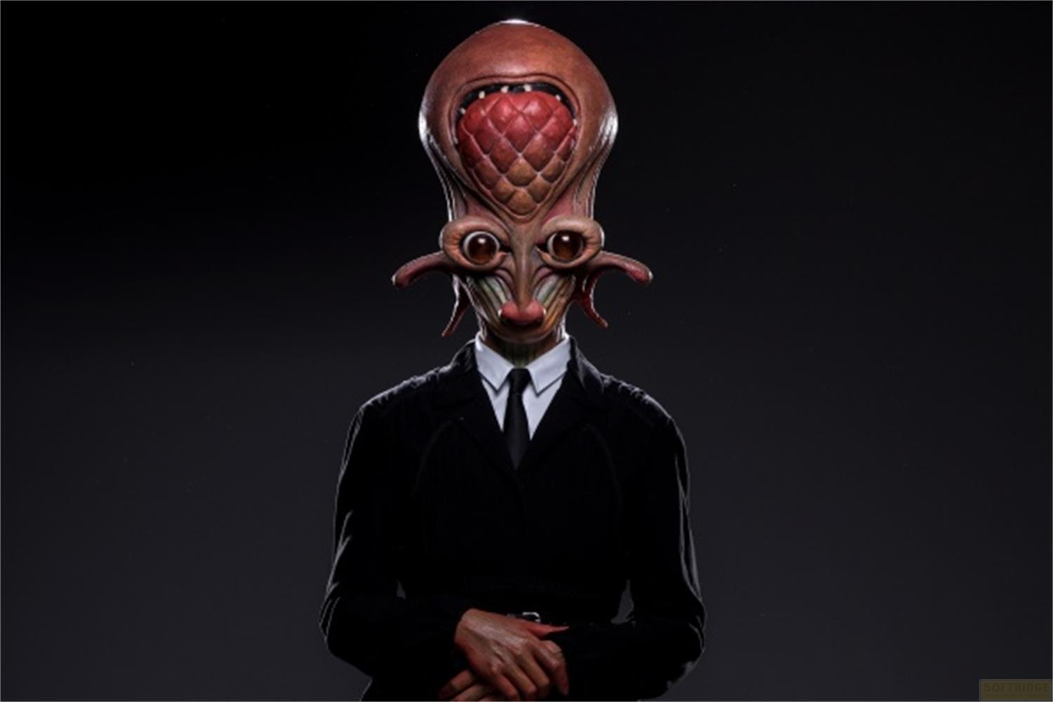 Alieno con testa di tentacolo indossa abito nero e cravatta.
