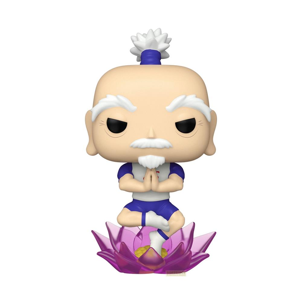 Eine Figur mit Glatze und Schnurrbart meditiert auf einer lila Lotusblume.