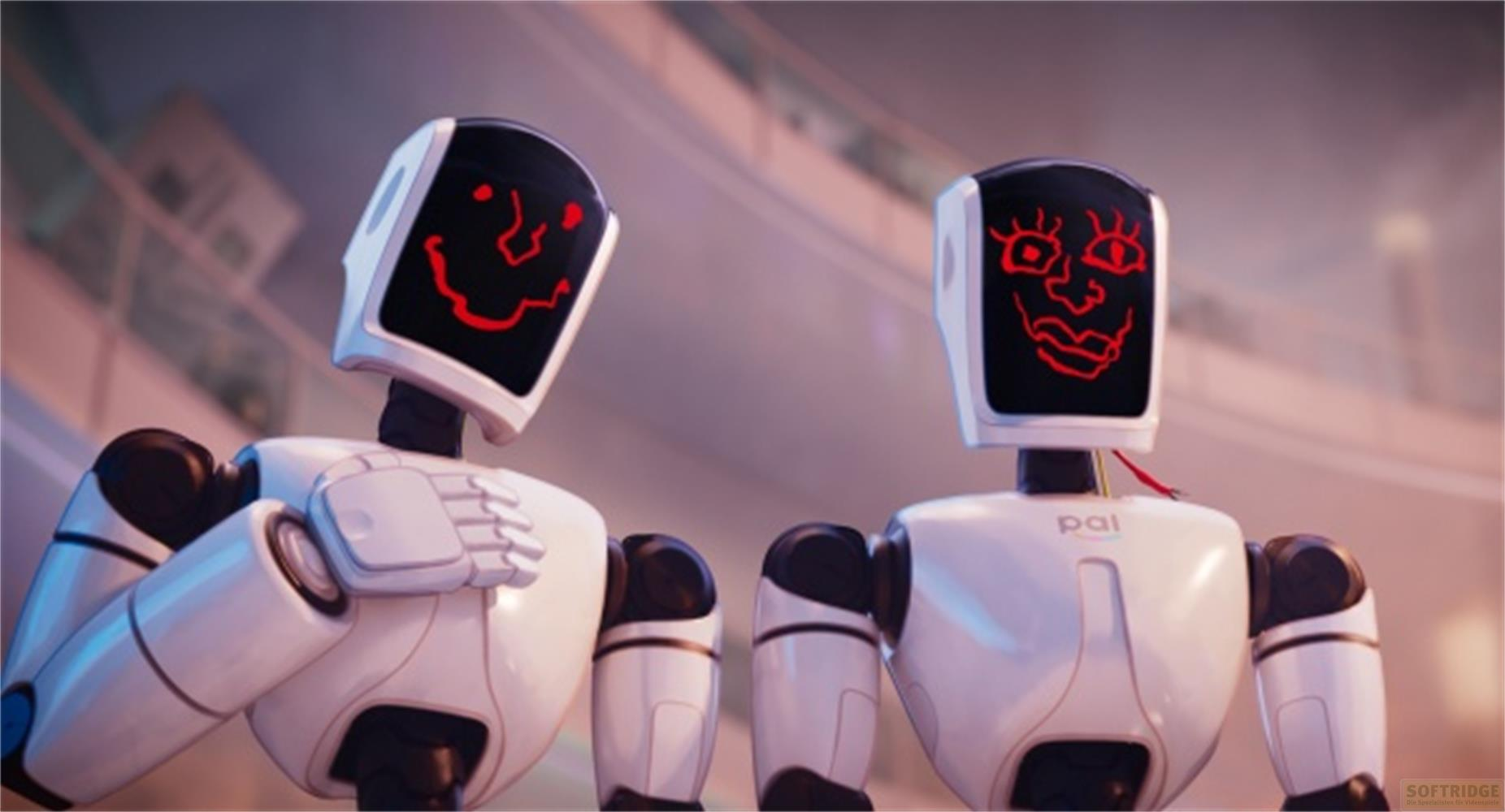 Due robot bianchi con schermi neri che mostrano volti rossi.