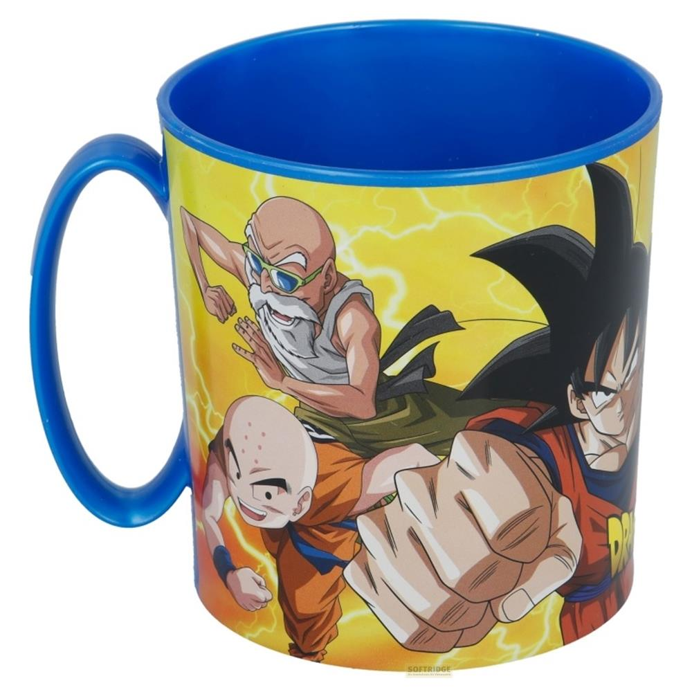 Una taza azul con personajes de Dragon Ball Z: Goku, Krillin y Mutenroshi.