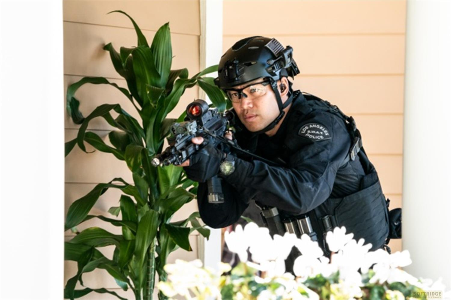 Un agente SWAT punta un fucile attraverso le piante.