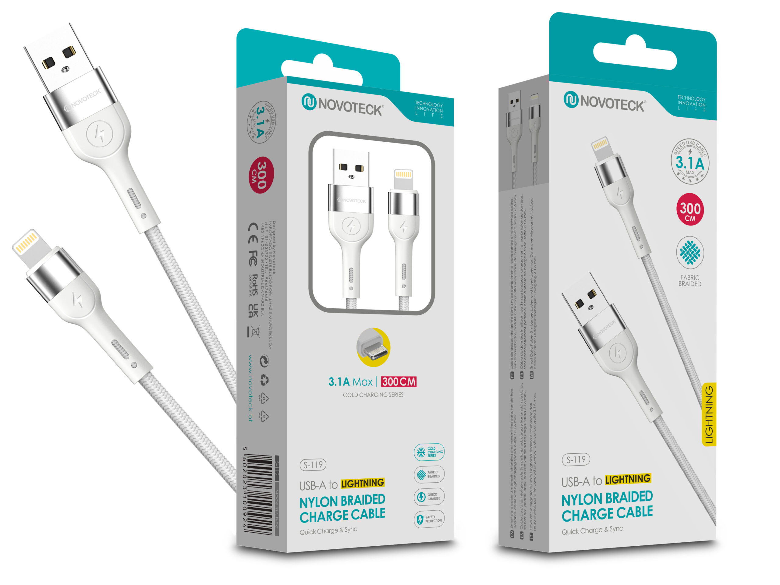 Cavo di ricarica bianco Novoteck da USB-A a Lightning con treccia in tessuto sulla confezione.