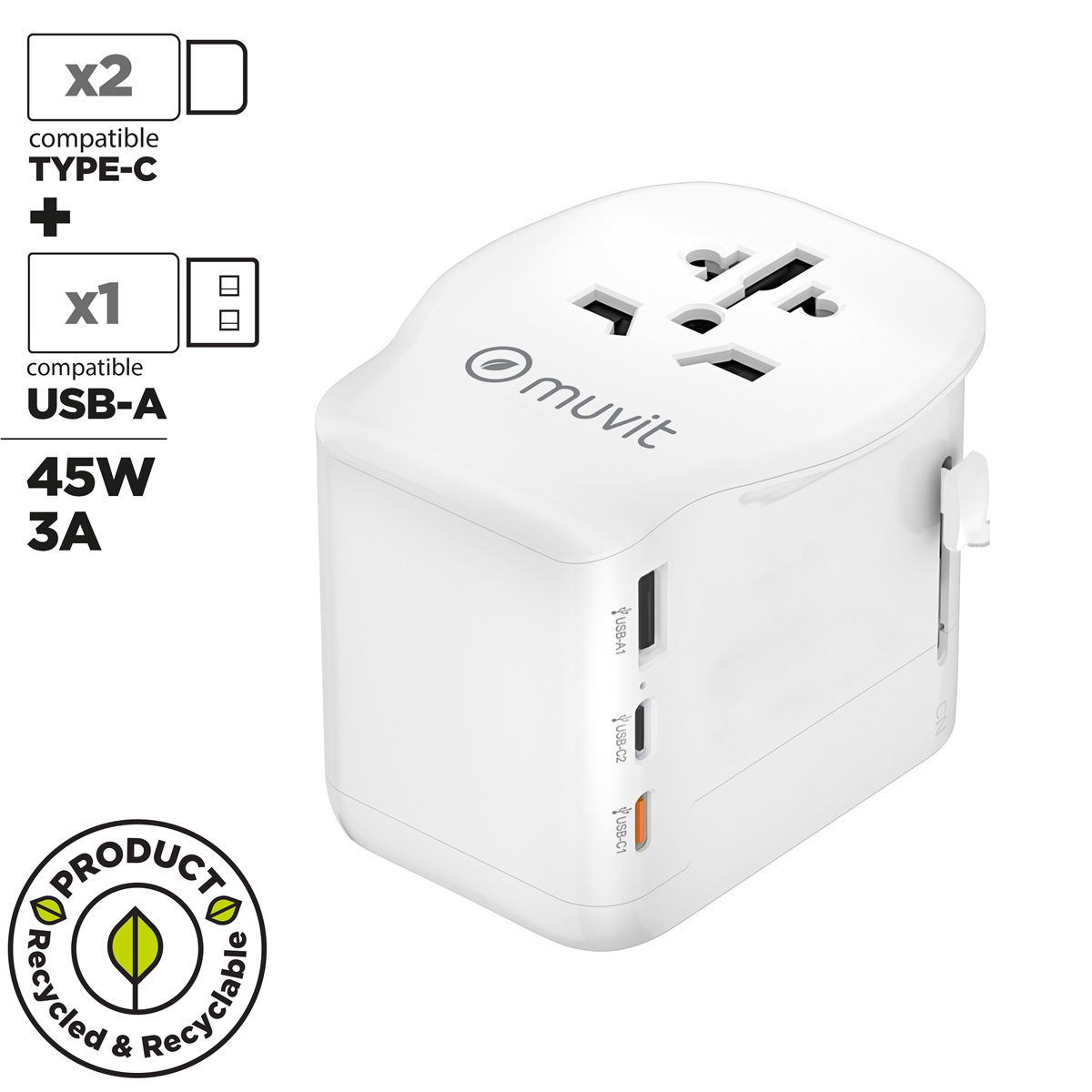 Un adaptador de viaje blanco con puertos USB-A1, USB-C1, USB-C2 y 45W.
