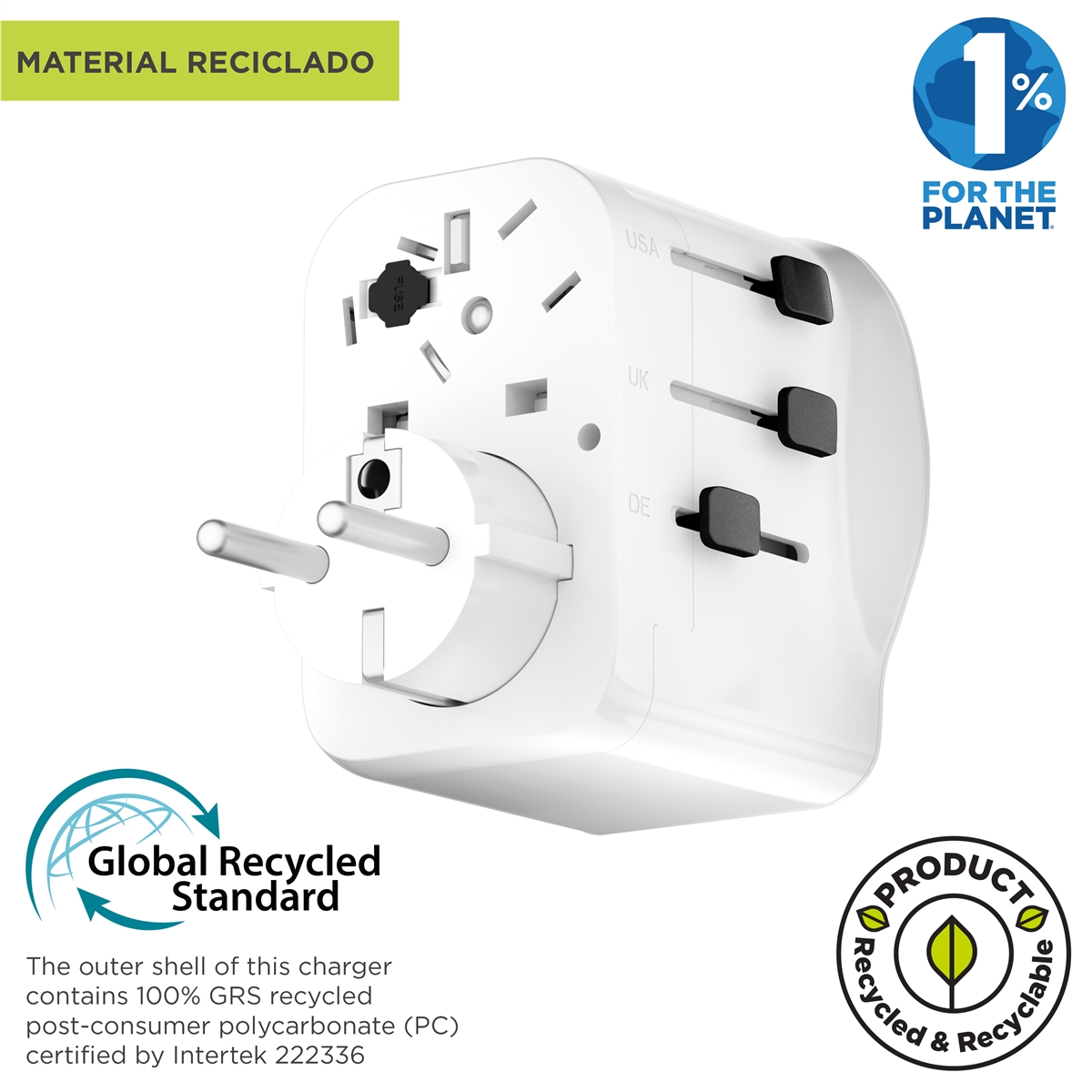 Un adaptador de viaje universal blanco con pines retráctiles para EE. UU., Reino Unido y DE.