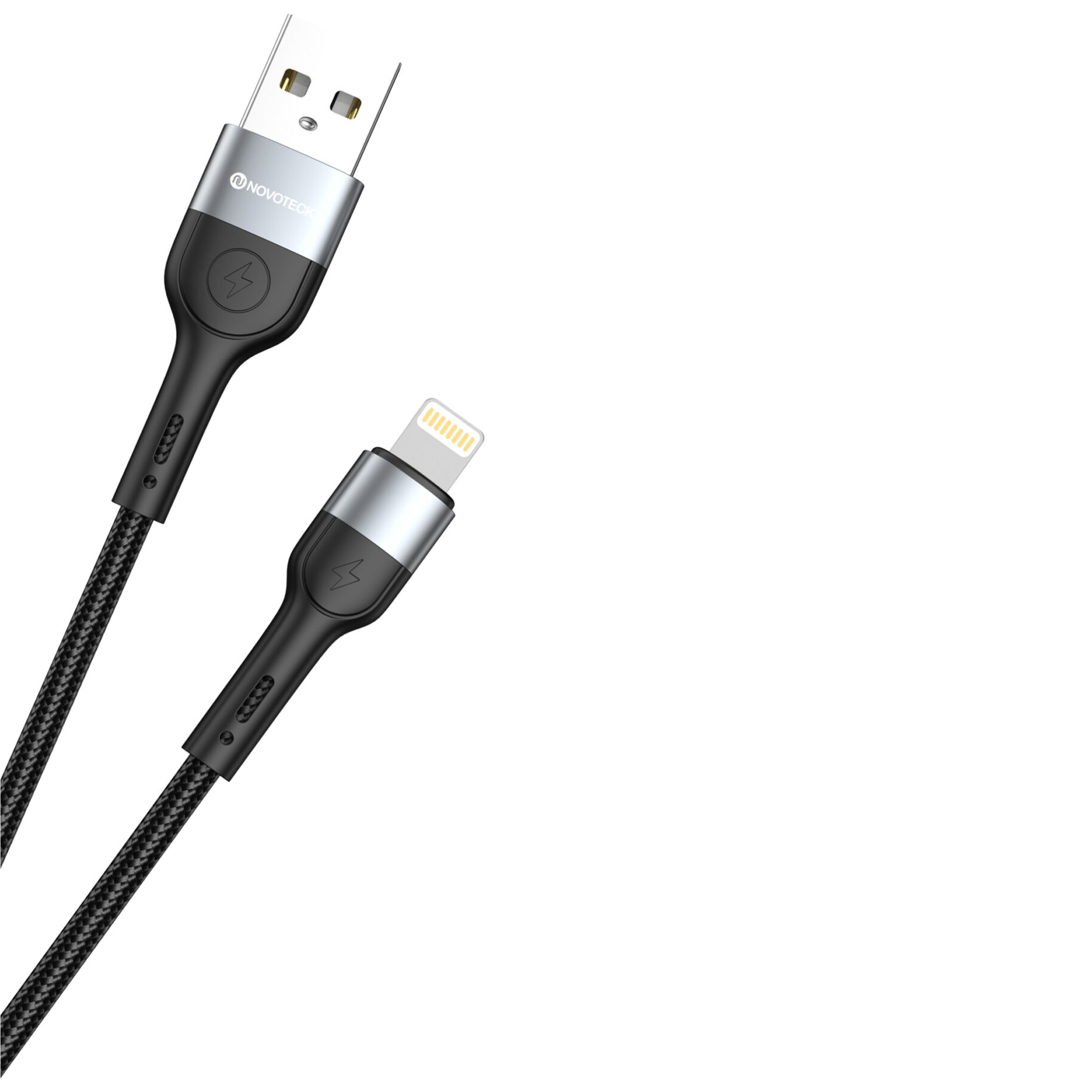 Un cavo di ricarica nero con connettori USB-A e Lightning.