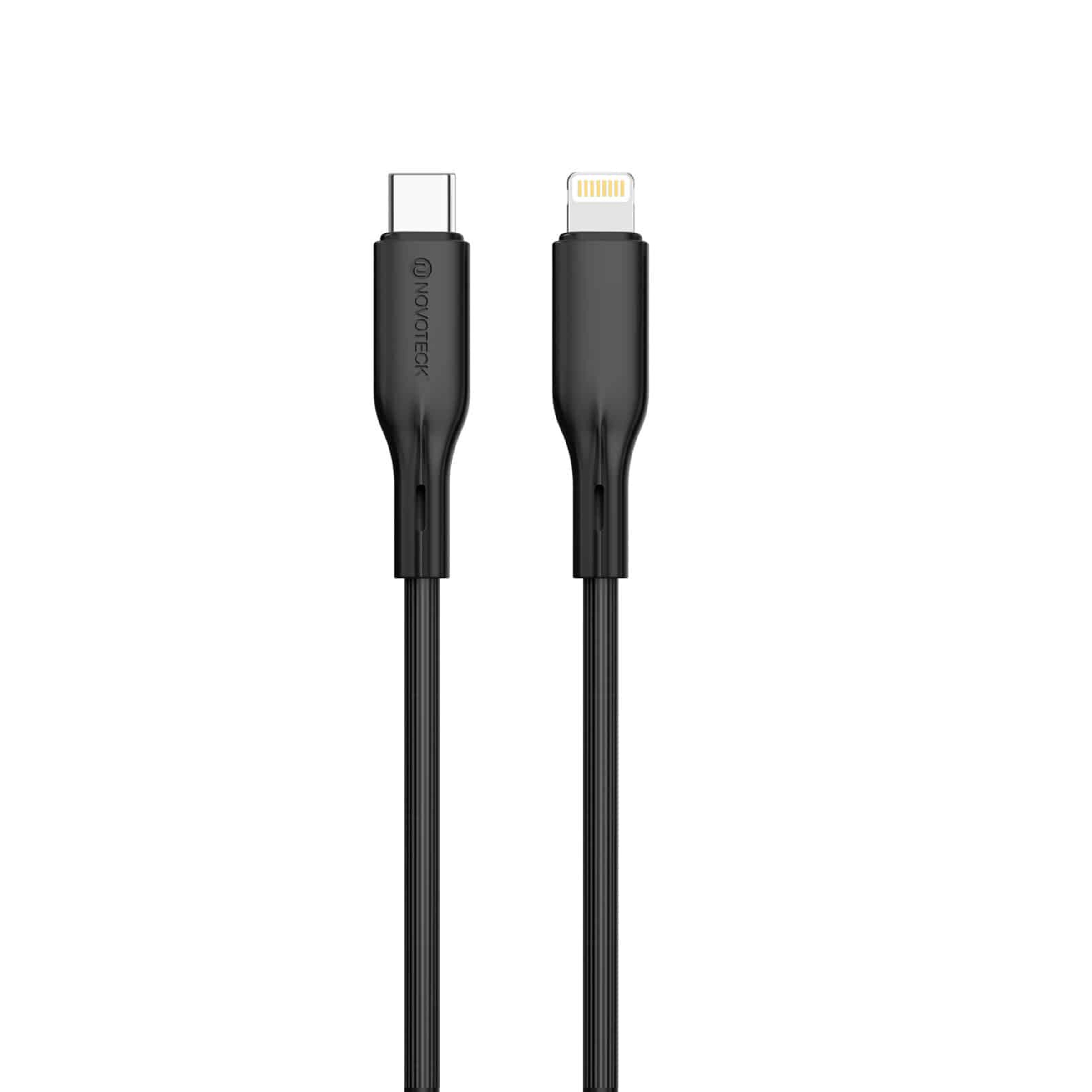 Due cavi di ricarica neri, uno con connettore USB-C e uno con connettore Lightning.